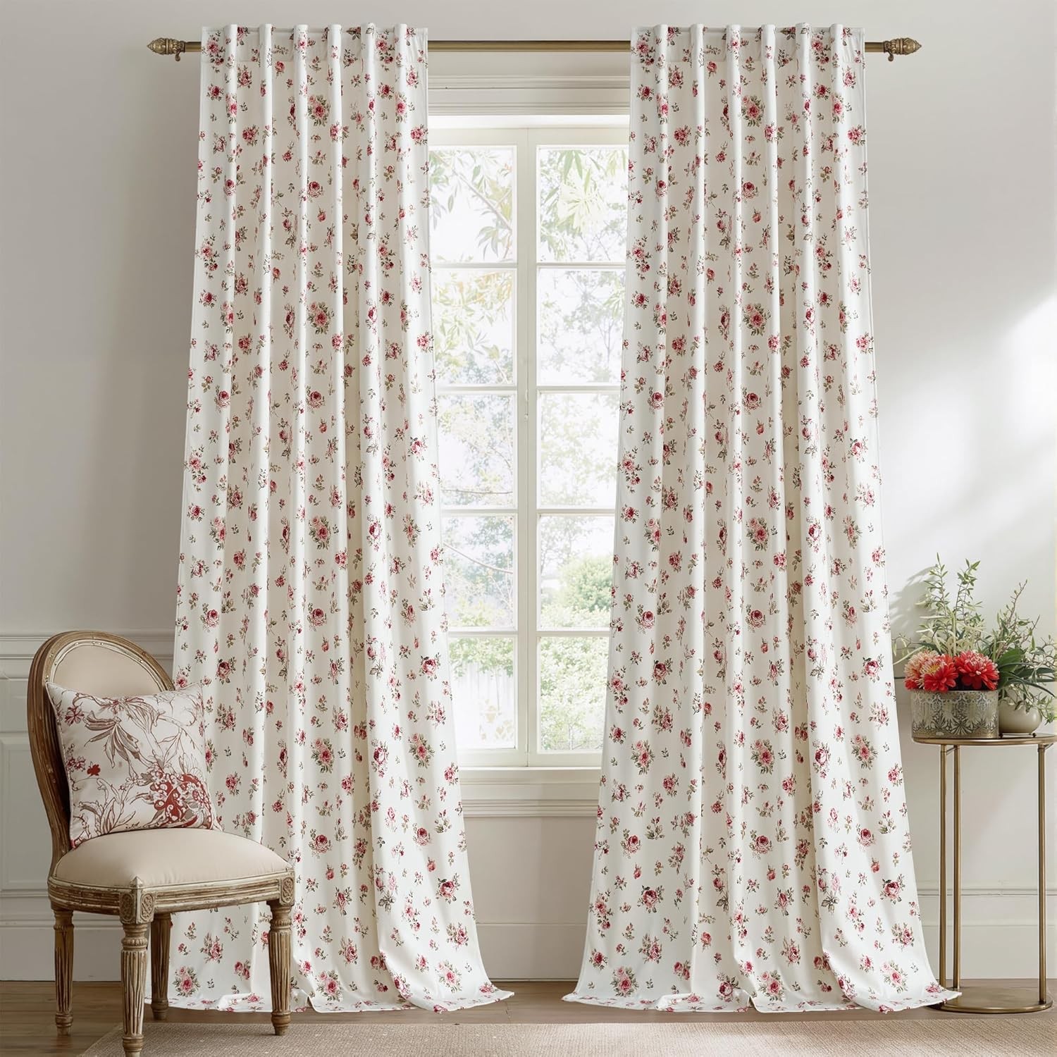 Ivory Floral Vintage Curtains for Living Room, Printed Red Rose Patterns on Soft
