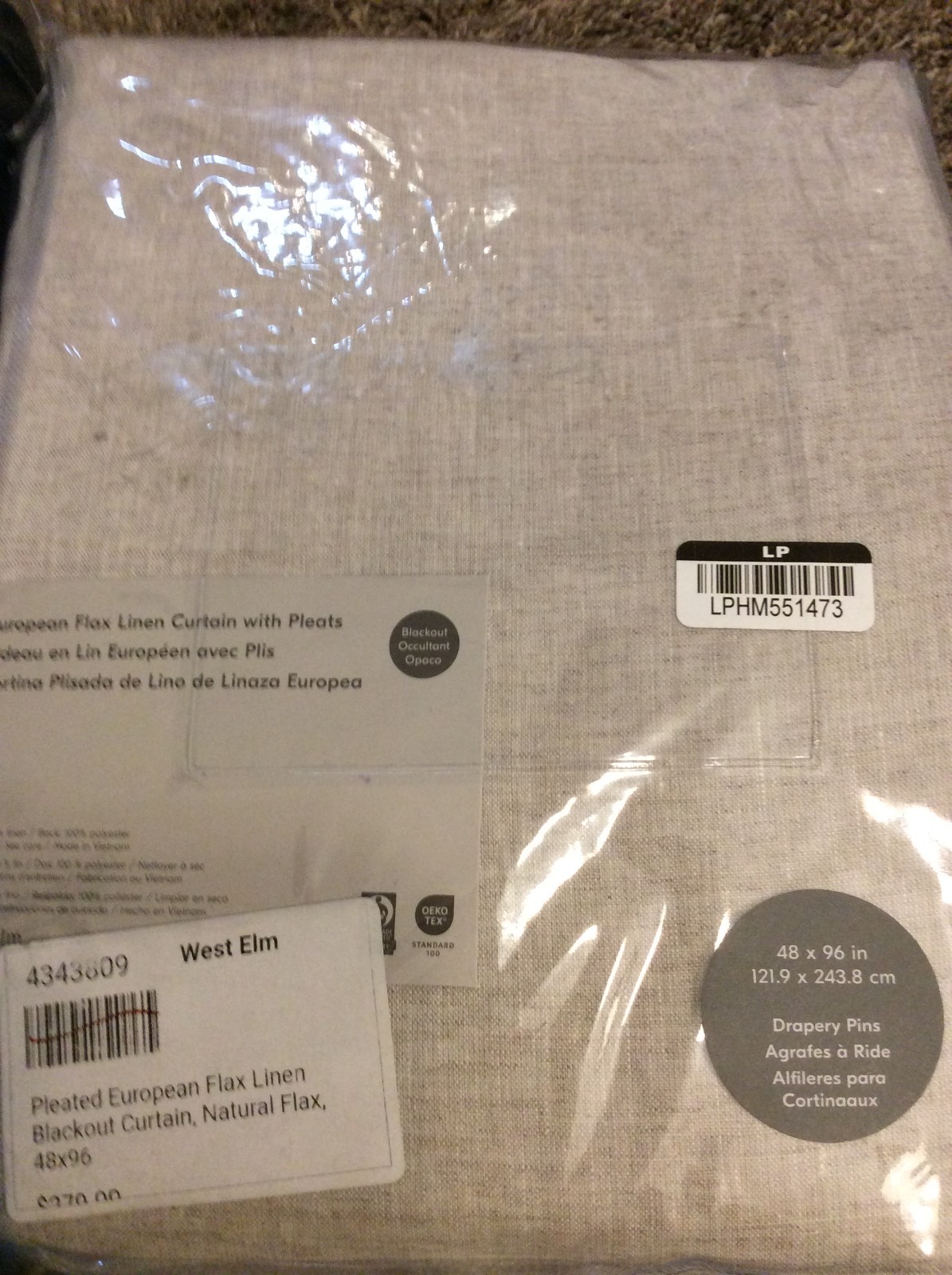 West Elm One European Flax Linen Pleated Blackout Curtain 48×96 Natural Flax NWT