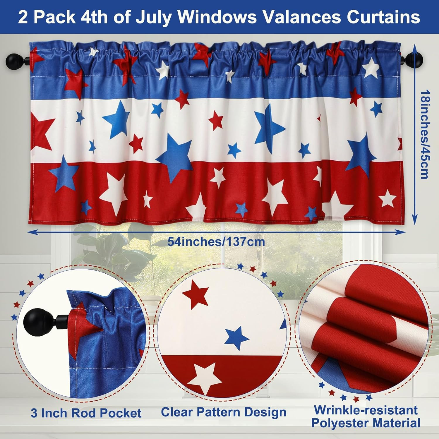2 Pack Patriotic Curtain Valance for Windows Red White and Blue Star Short Curta