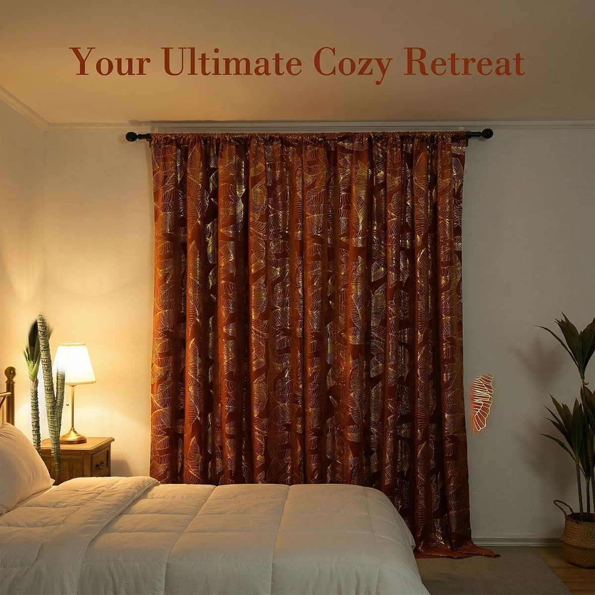 Elegant Burnt Orange Velvet Curtains with Gold Foil Print – 84″ Long, 2 Panels