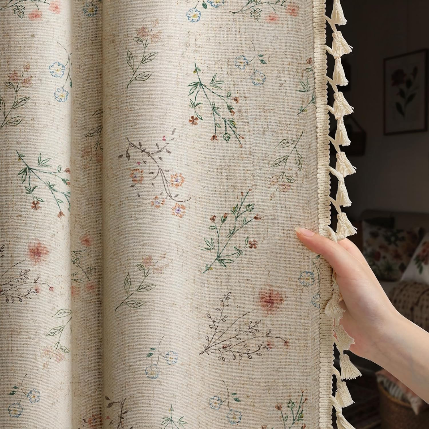 Boho Floral Spring 100% Blackout Curtains 84 Inch Length 2 Panels Set, Linen Tex