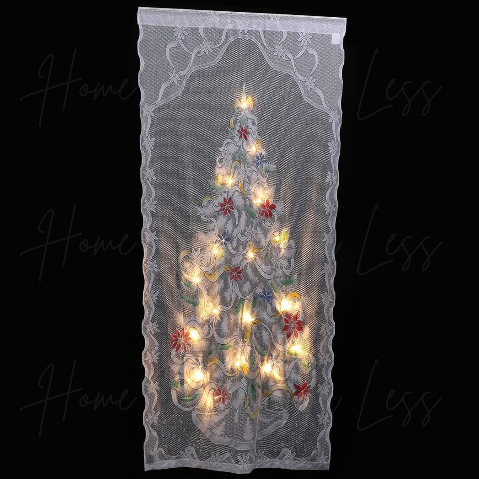 Lighted LED White Lace Christmas Tree Curtain Door Panel Festive Holiday Decor