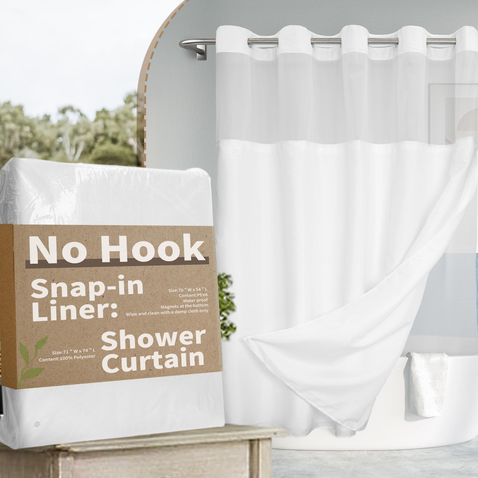 No Hook Slub Textured Shower Curtain with Snap-in PEVA Liner Set – 71″ x 74″(…