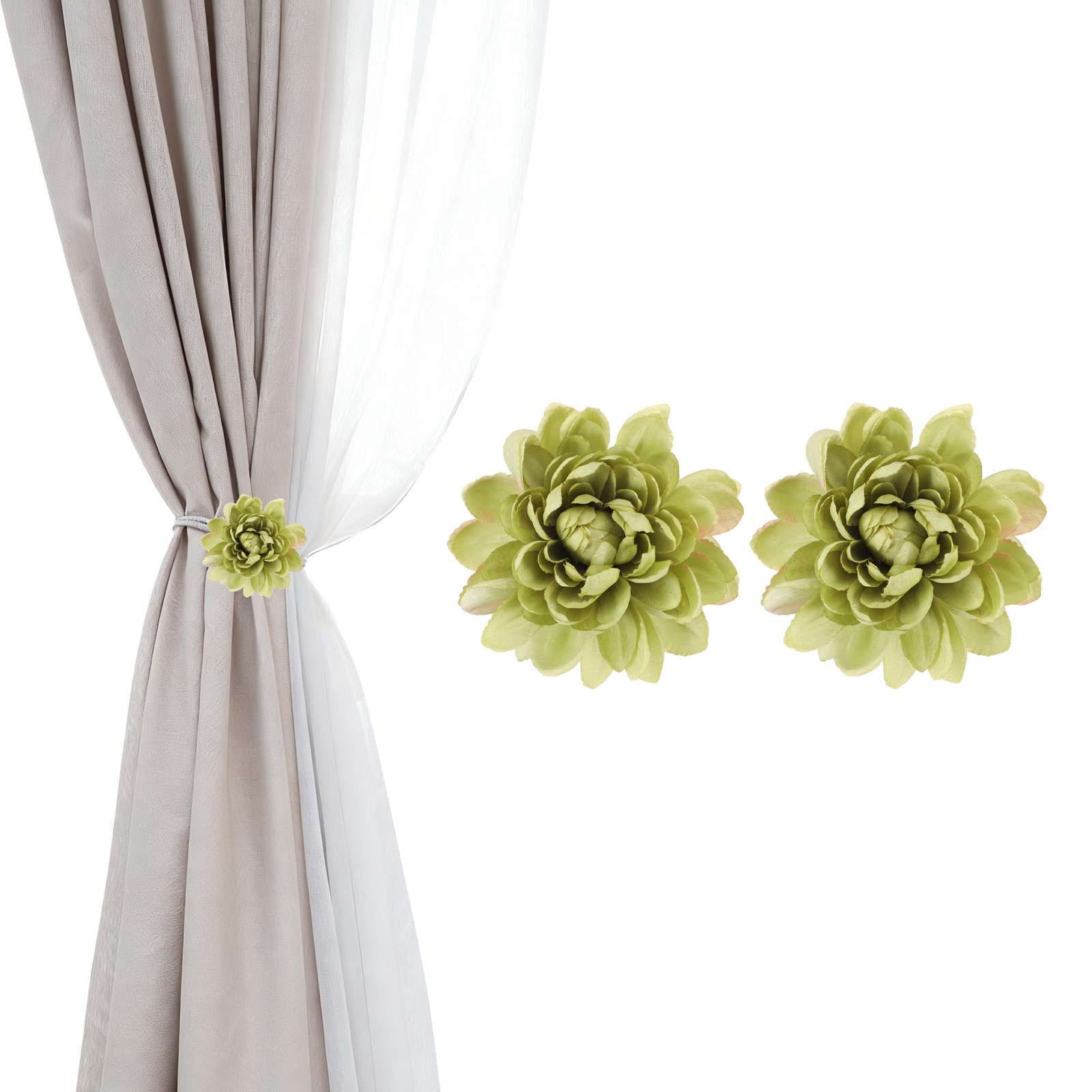 2 Pack Artificial Lotus Flower Curtain Tiebacks Clips, Grass Green