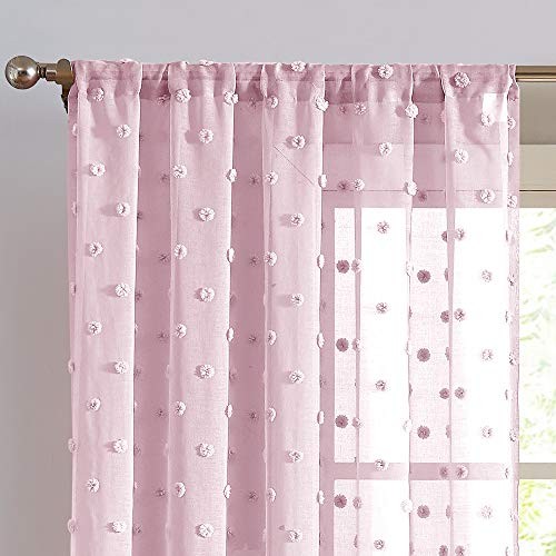 Sheer Curtains 2 Panels Grommet Double Layer Embroidered Pom Pom Living Room 84″