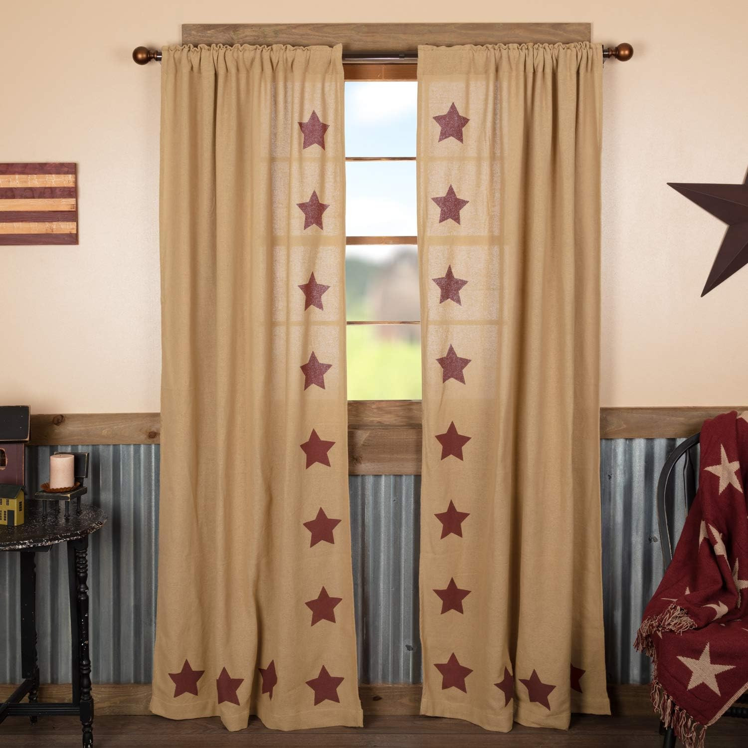 Burlap Natural with Burgundy Stars Primitive 84″X40″ Panel Pair Tan Rod Pocket S