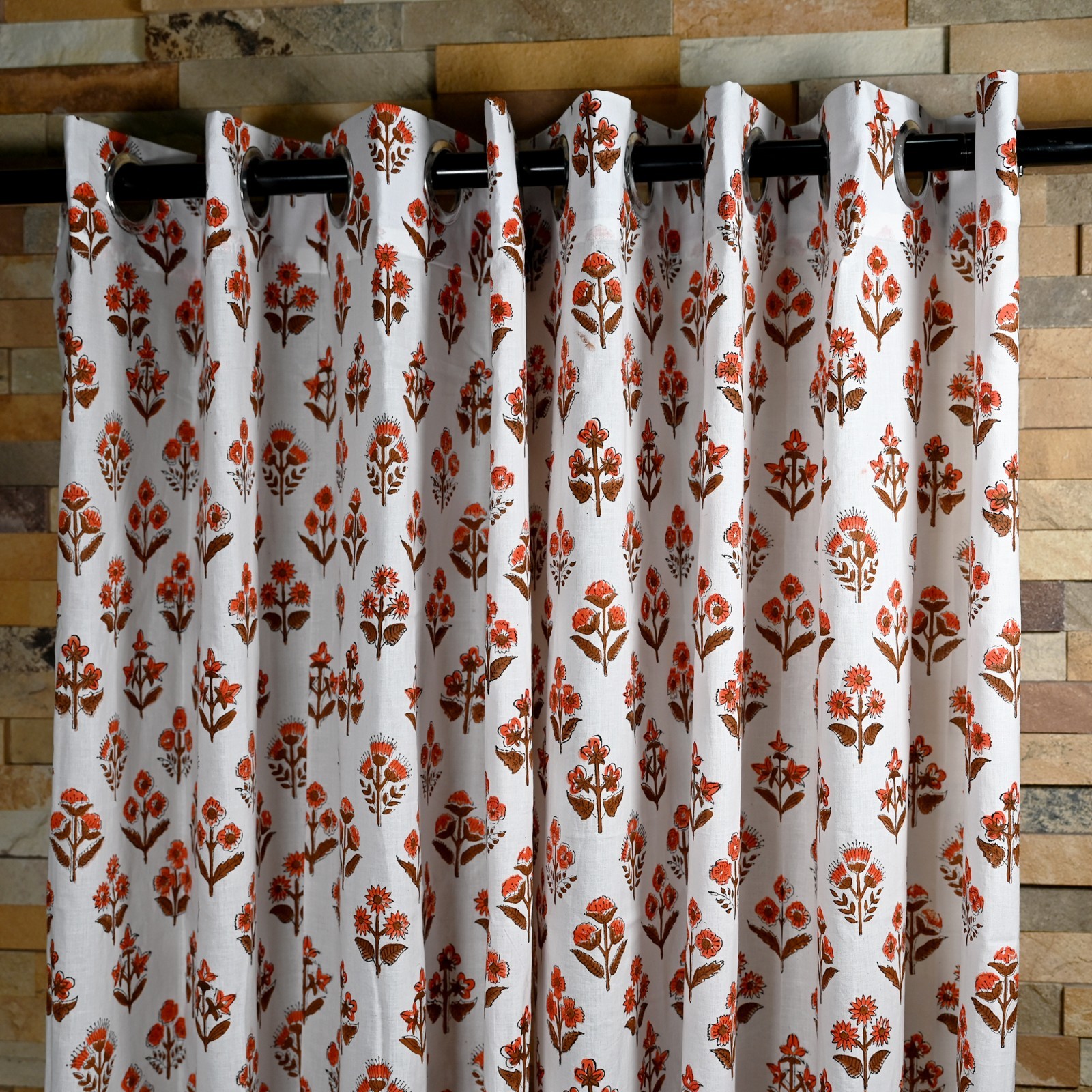 Flower block Print Curtain Panels Set of 2 Indian Cotton window Curtains