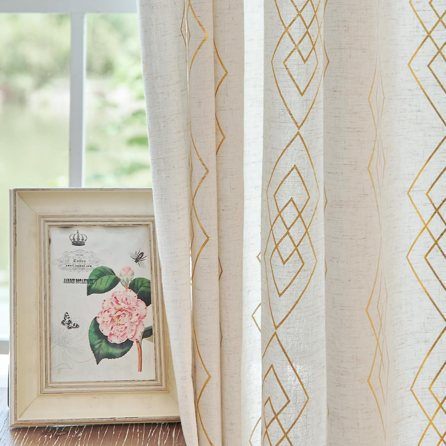 Linen Boho Curtains for Bedroom,63 Inch Length Curtains Gold Foil Metallic Strip
