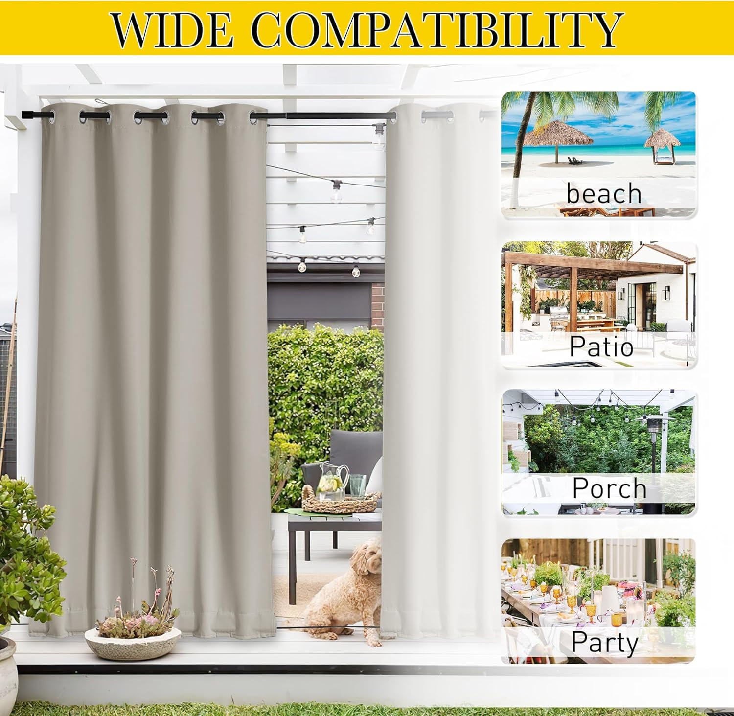 2 Panels Outdoor Curtains for Patio Waterproof & Windproof, Extra Wide Grommet &