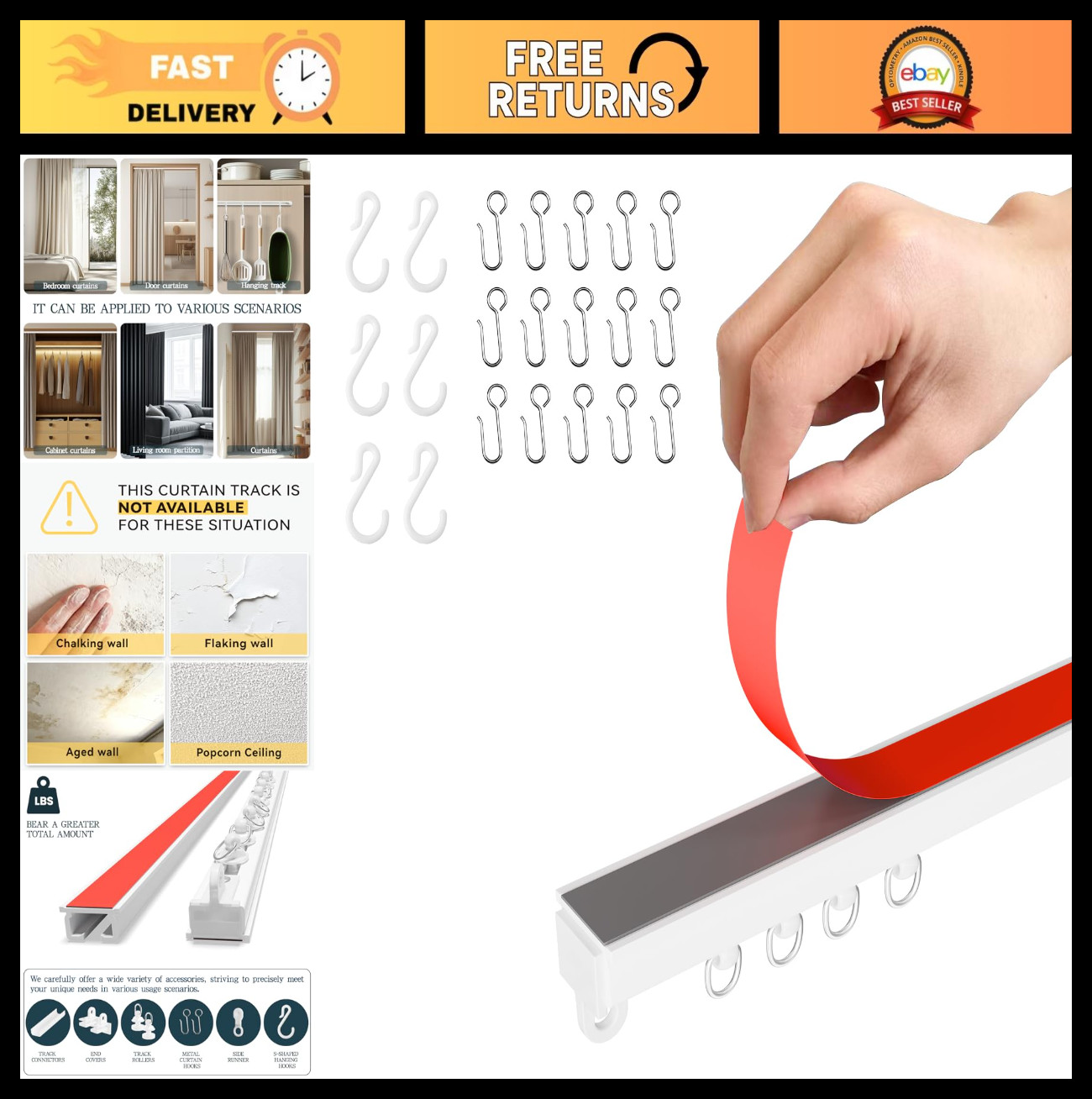 Adhesive Ceiling Curtain Track – No Drill, Smooth Surface, 1.66M/5.45FT, Multi-U