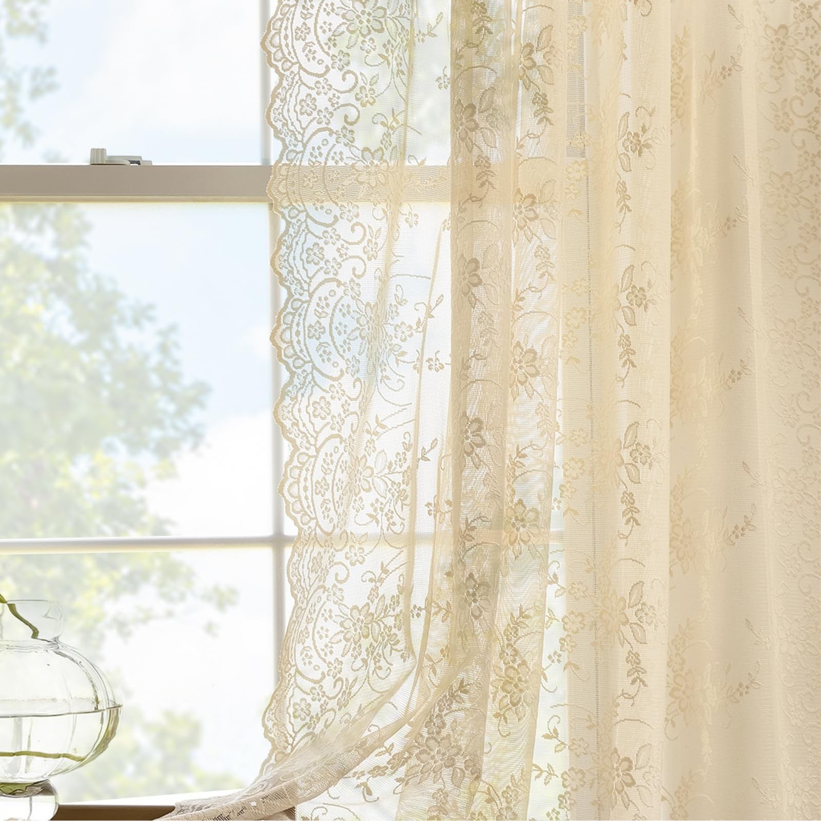 Kotile 84 Inch Beige Lace Curtains 2 Panels Set Rustic Vine Floral Embroidere…