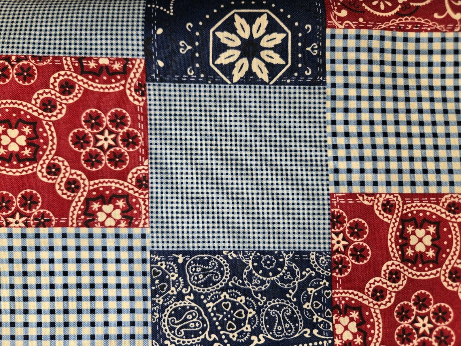 LINED WINDOW VALANCE CURTAIN 42 X 15 COUNTRY PATCHWORK PAISLEY PLAID RED BLUE
