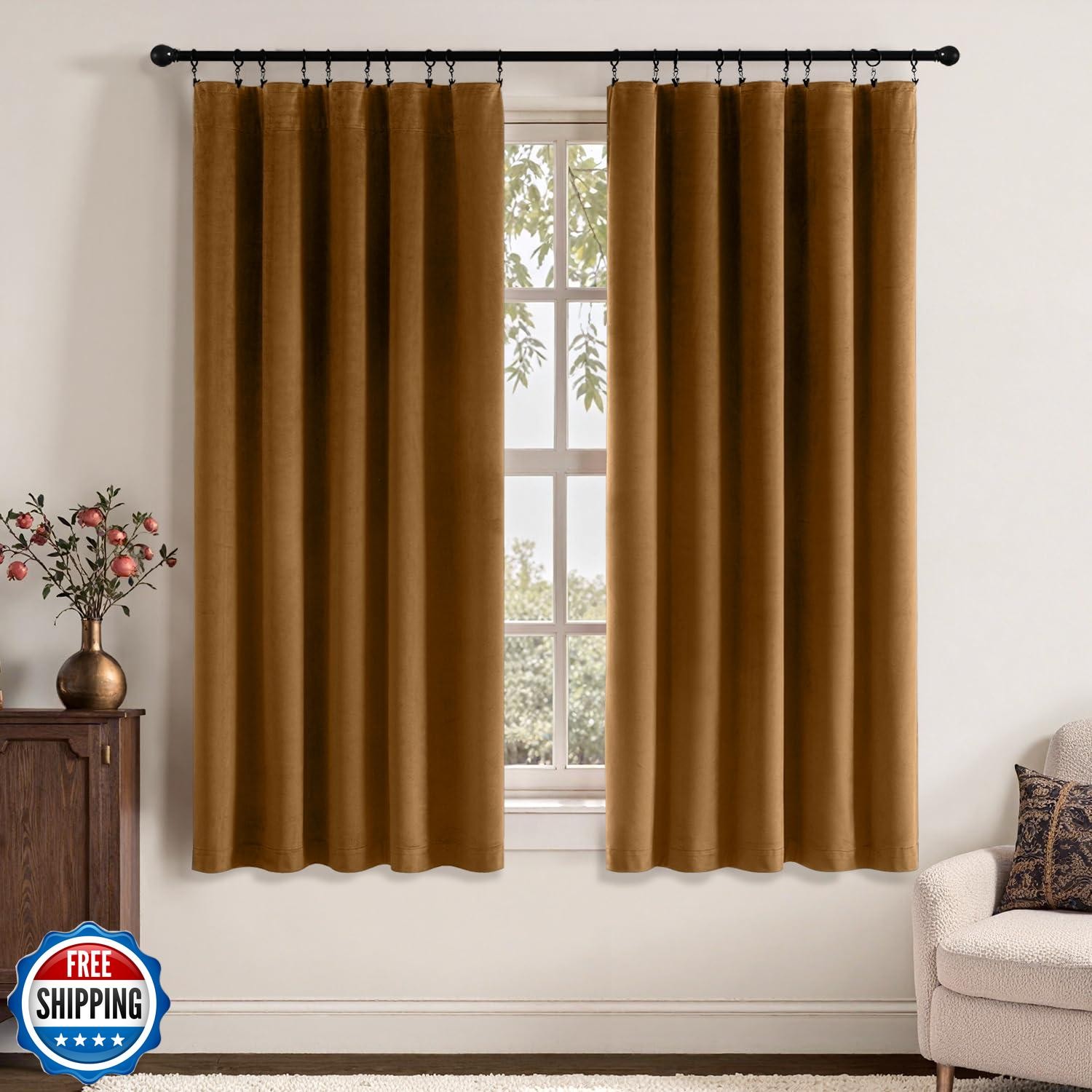 MIULEE Golden Brown Velvet Curtains 63 Inch Long Luxury Super Soft Thermal In