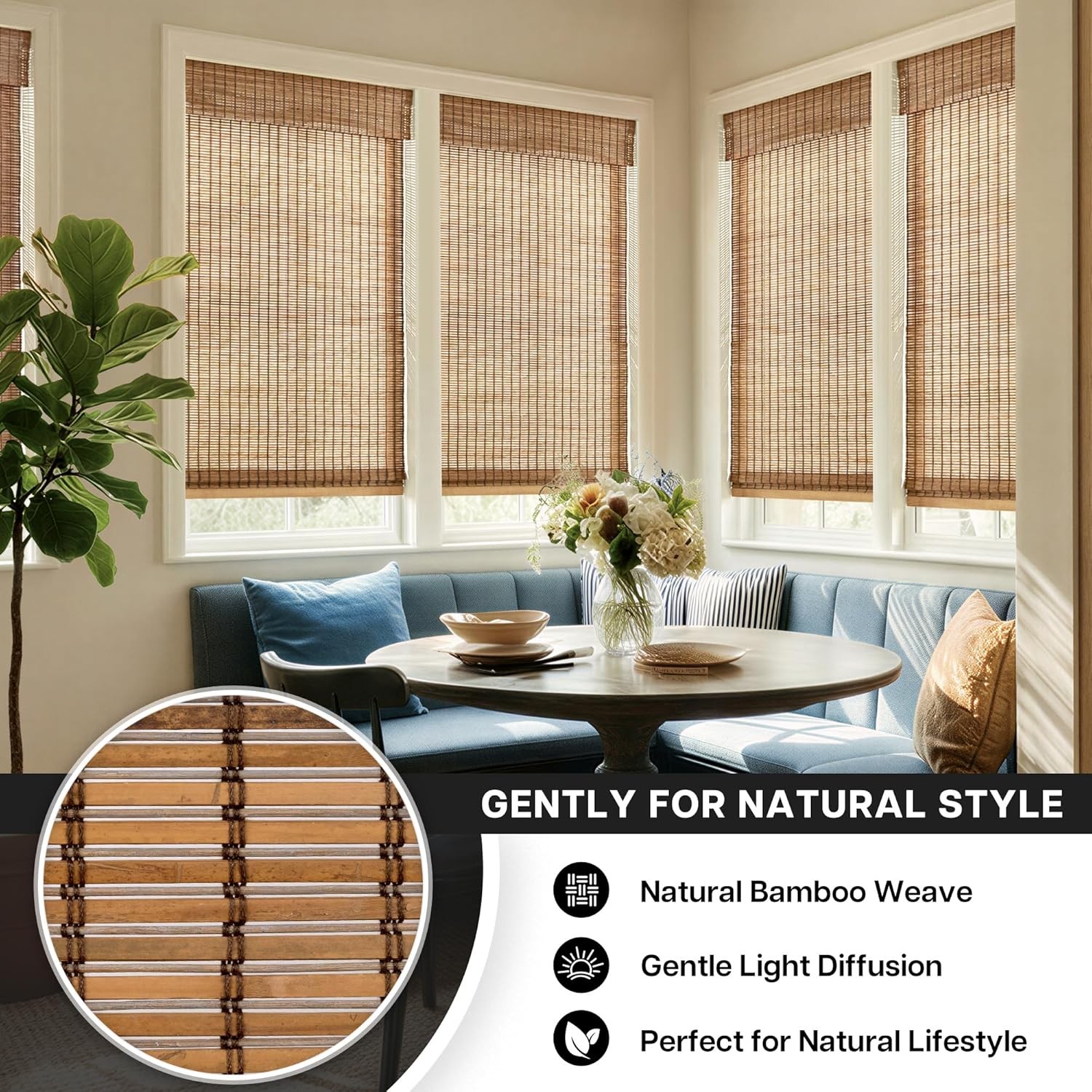 No-Drill Cordless Roman Shade Bamboo 43″ W x 48″ H Malay Umber