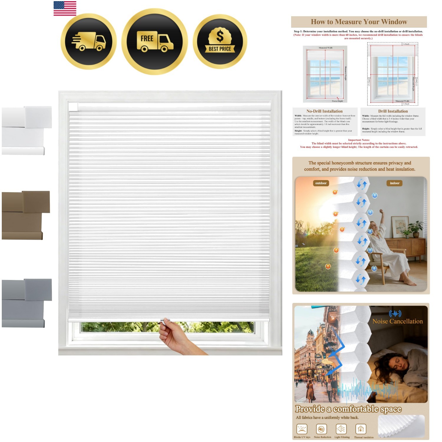 Customizable Cordless Honeycomb Blinds, Noise Reducing & Light Filtering, 31×36″