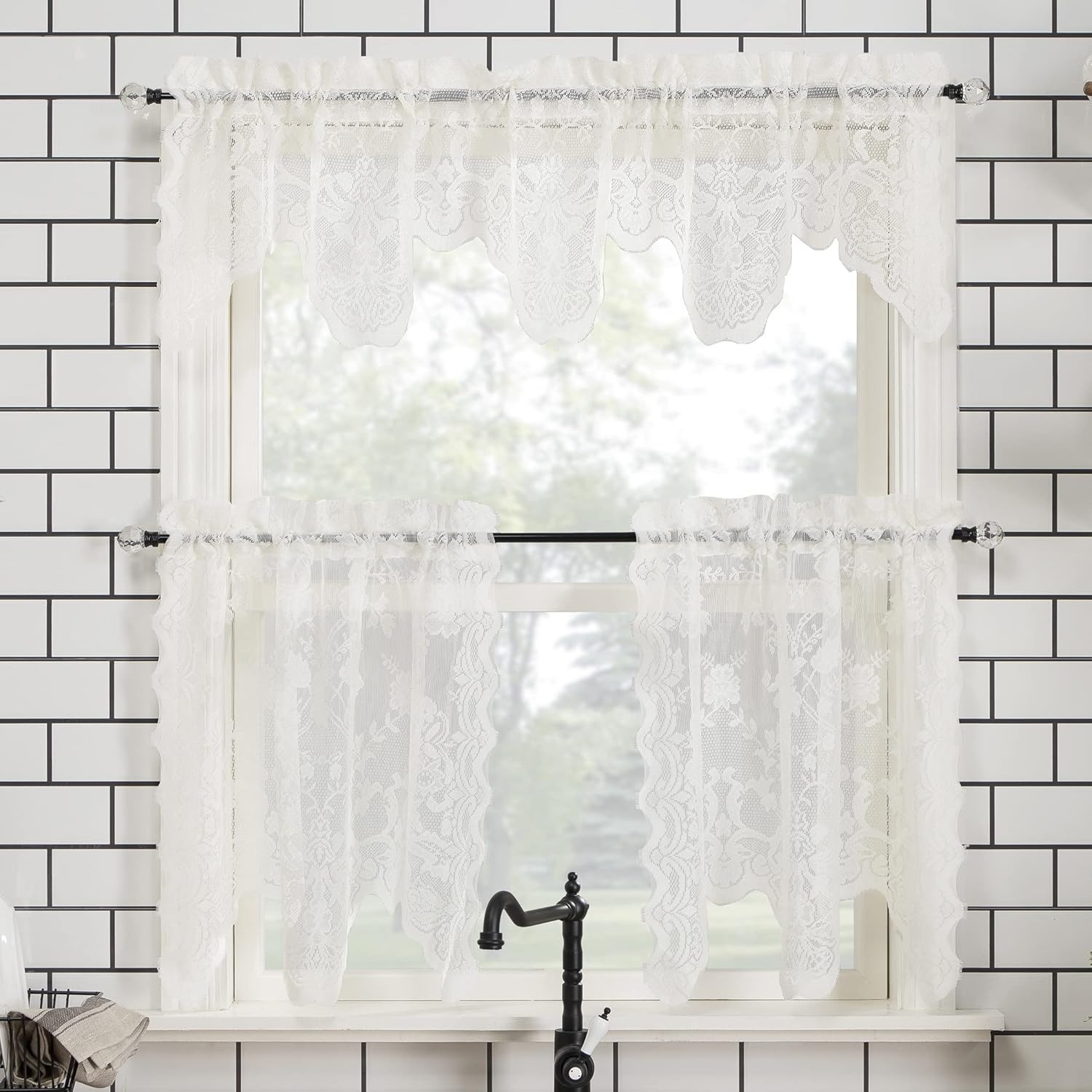 Alison Floral Lace Sheer Rod Pocket Kitchen Curtain Tier Pair, 58″ x 36″, Ivory