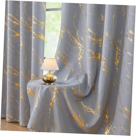 Grey Blackout Curtians Gold Marble 52″W x 63″L (Pack of 2) Grey and Gold