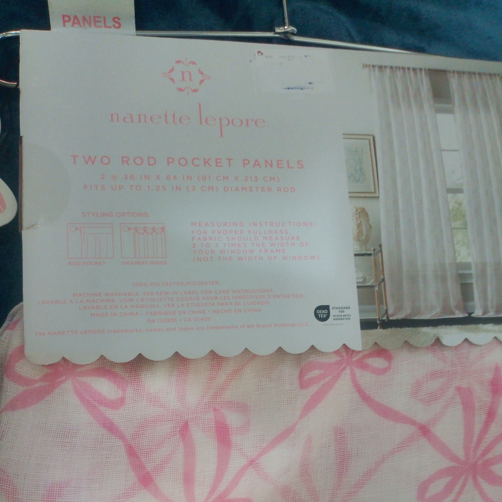 Nanette Lepore Home Pink Bow Sheer Curtains Rod Pocket 2 Panels 36×86″
