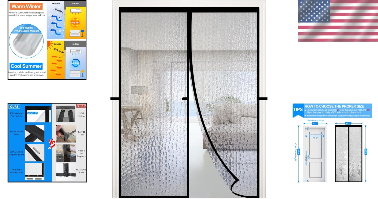 Magnetic Thermal Insulated Door Curtain Waterproof EVA Self-Closing Screen 38×82