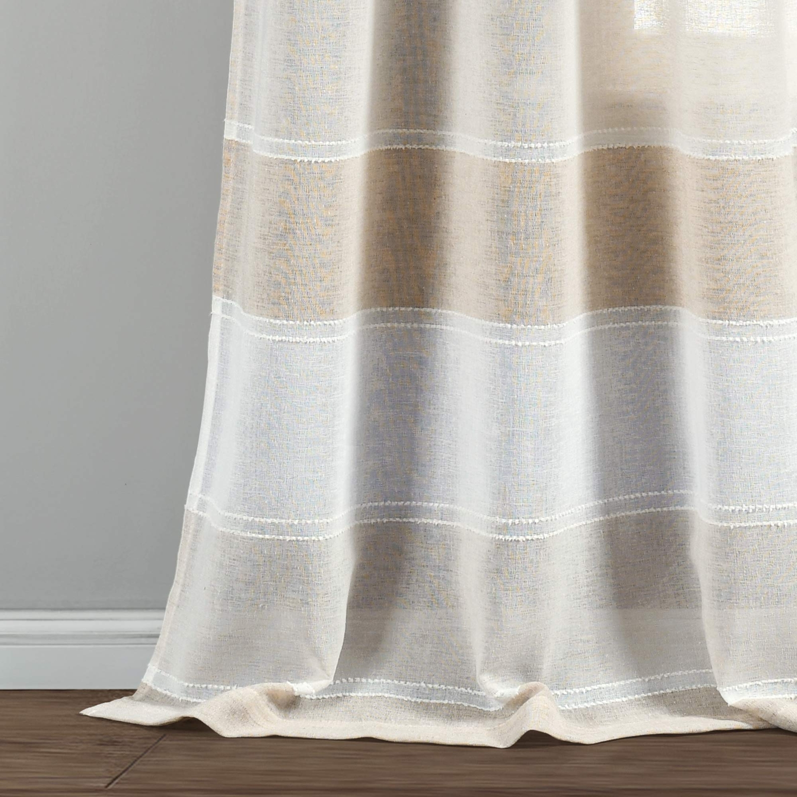 Beige Textured Striped Grommet Sheer Window Curtain Panel Pair 84″ X 3