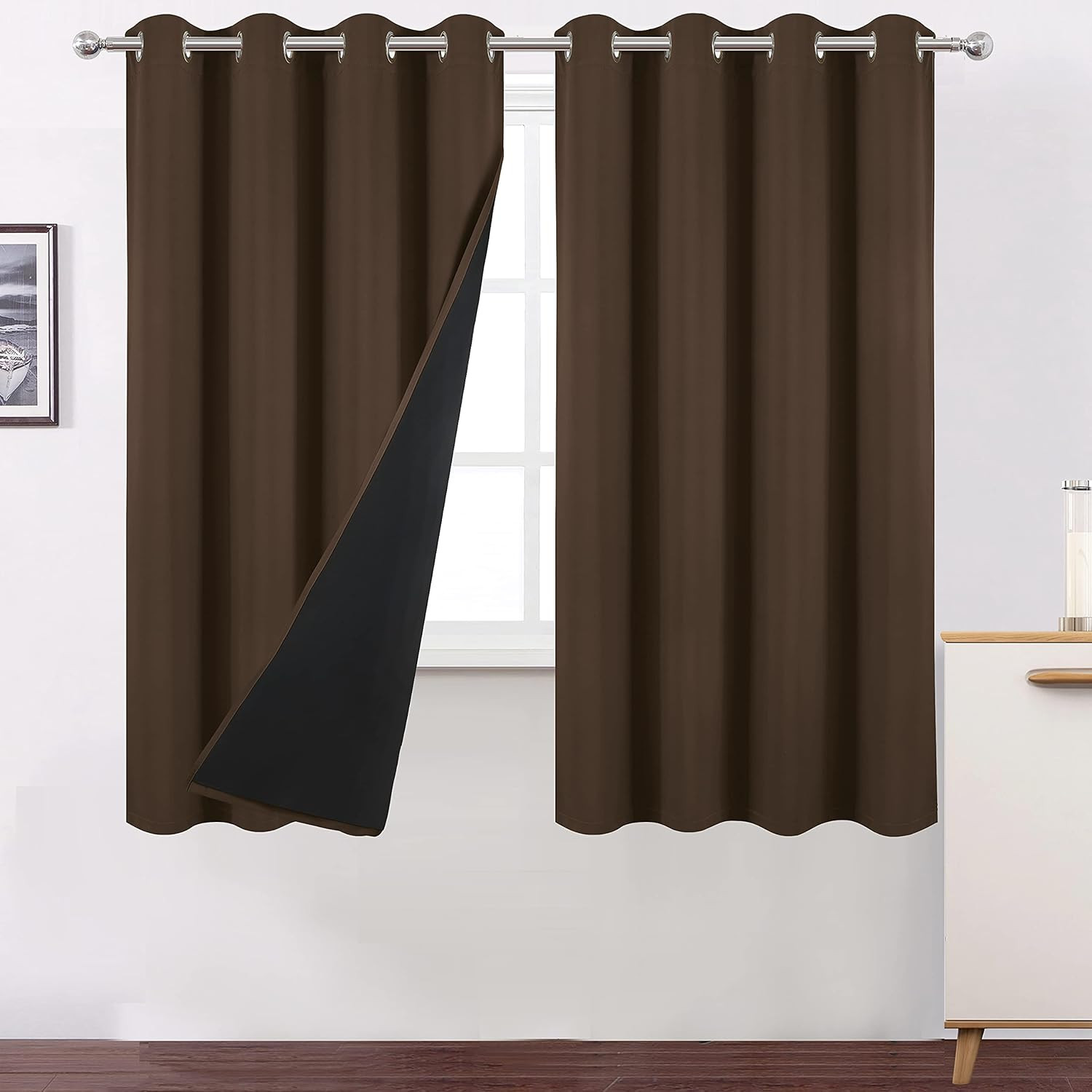100% Blackout Curtains 52 x 72 Inch/Chocolate Brown Curtains 2 Panels with Black