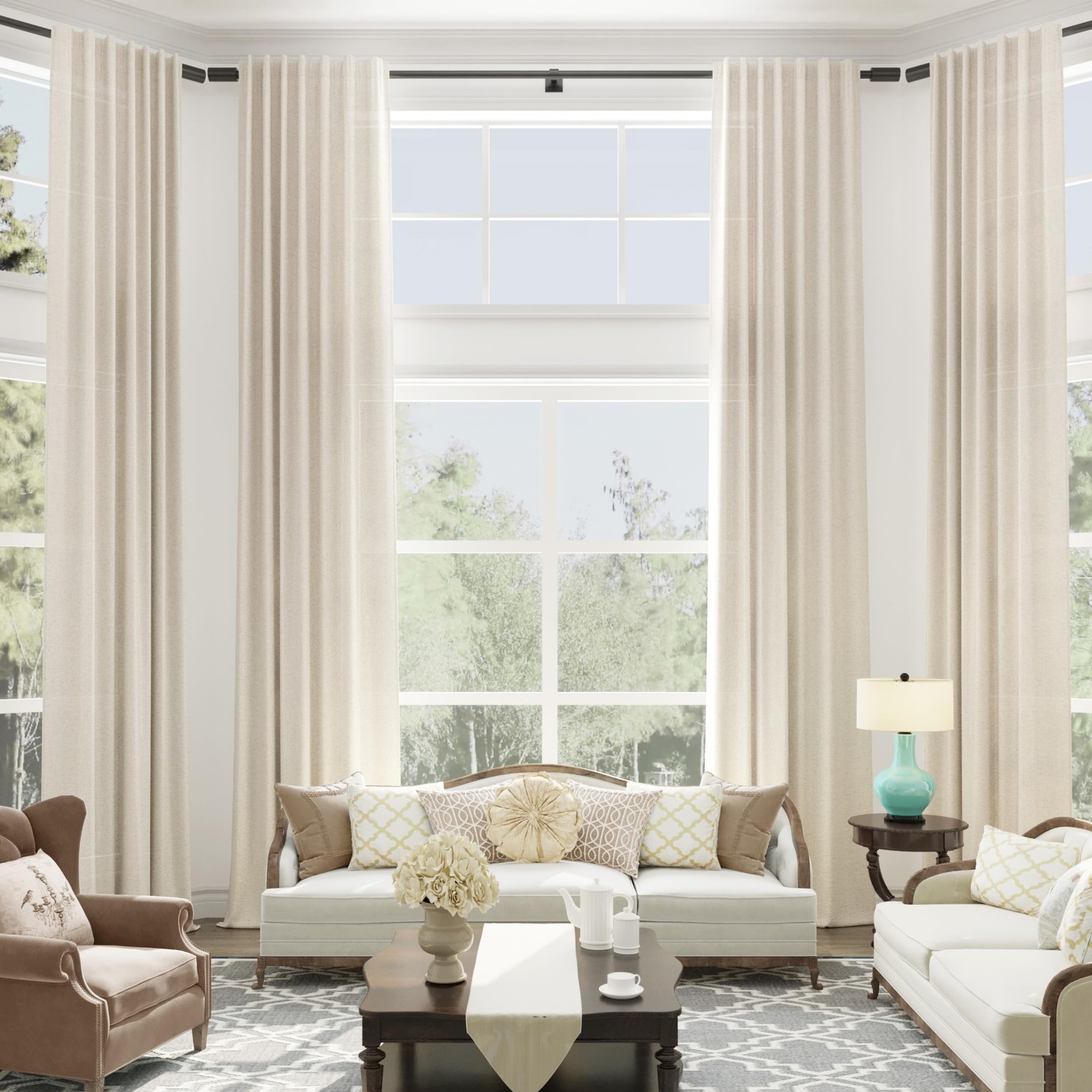 Linen Curtains 132 Inches Long for High Living Room Beige Extra Long Back Tab…