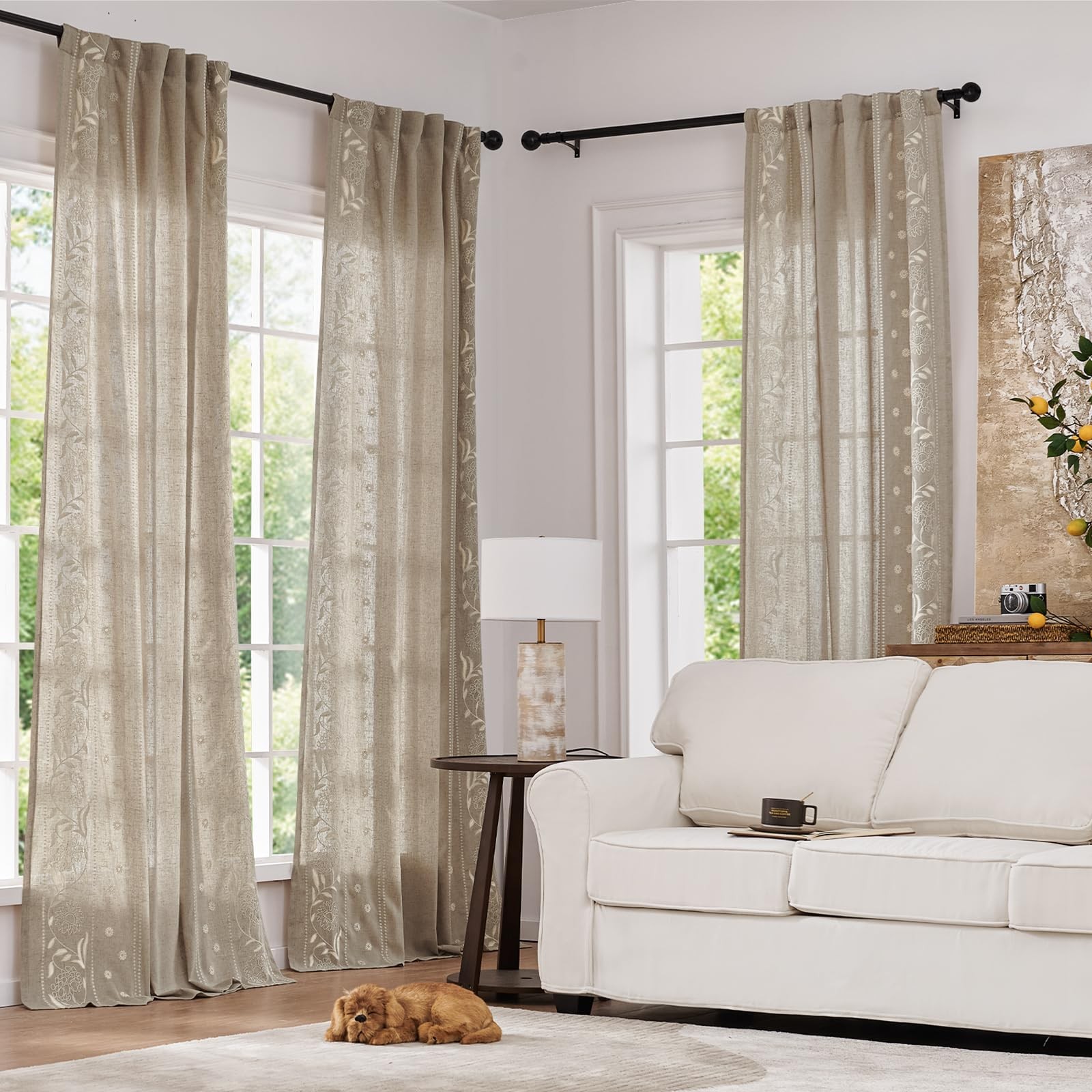 Winslow Linen Curtains for Bedroom 84 Inches Length Ivory on Taupe Embroidere…