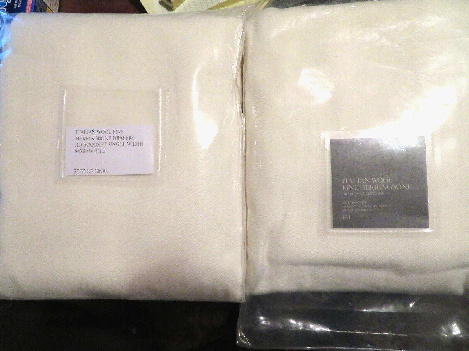 SET 2 Restoration Hardware WOOL Curtain Panels Drapes 50X84 HERRINGBONE Natural