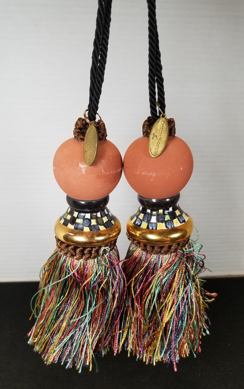 2 Mackenzie Childs Pottery Courtly Check Terra Cotta Tie Back Rope Tassel, 12″