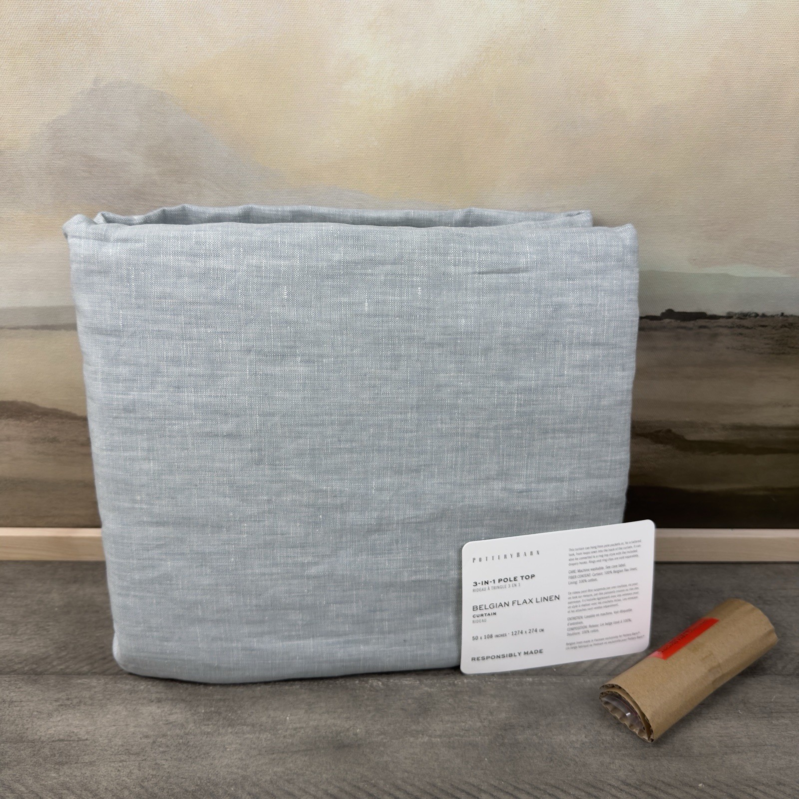 Pottery Barn Belgian Flax Linen Curtain Drape 50”x108” Cotton Lined Mineral Blue