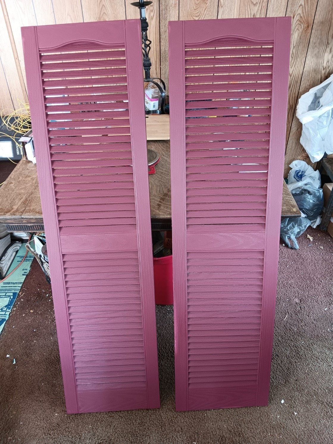 14-1/2″ x 55″ Wineberry Window Shutters, Cathedral Top, Open Louver (Pair)