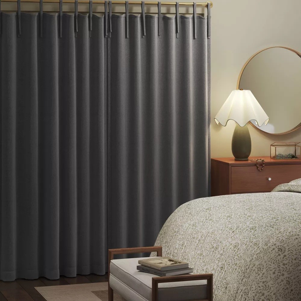 Threshold Aruba Heathered Gray Tie Top Single Blackout Curtain Panel 50″ x 84″