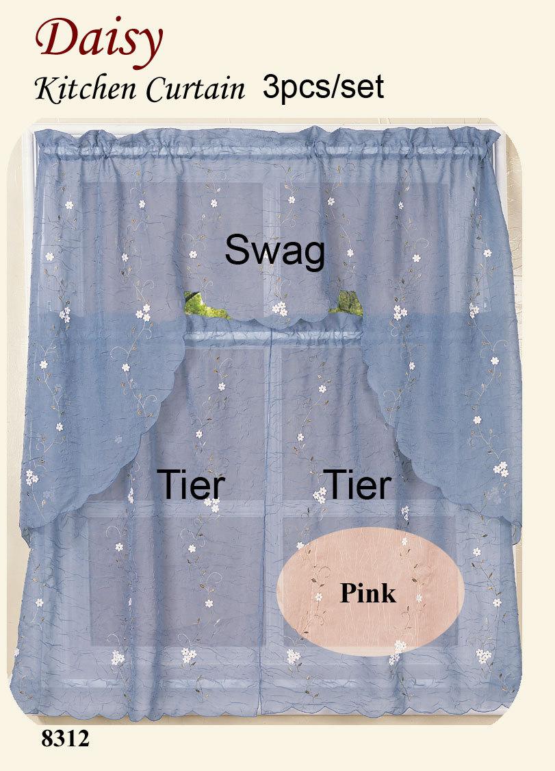 PINK Embroidery Daisy Kitchen Curtain Swag Tiers Set 3PCS PINK Sheer Free S&H