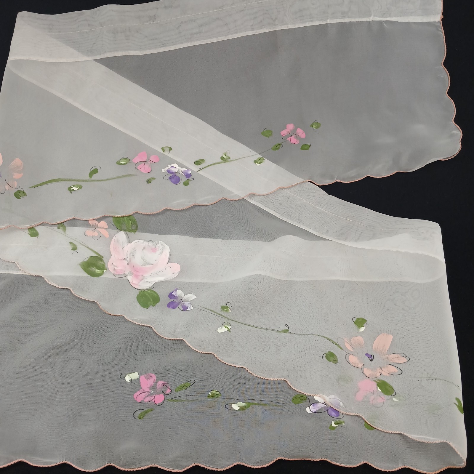 Vintage Sheer Valance Window Single Floral Painted White Cottagecore 68″