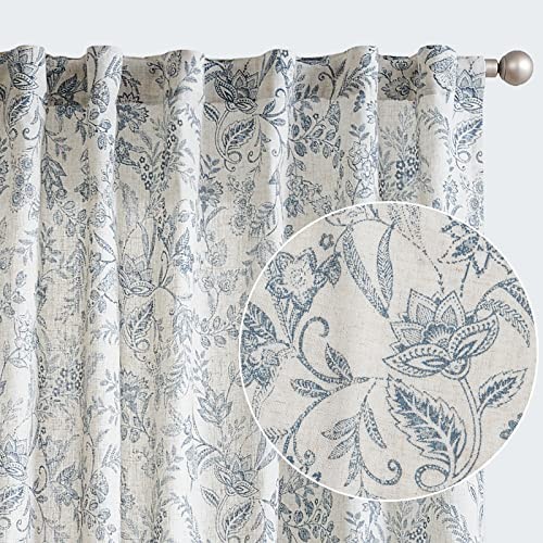 Blue Floral Linen Curtains for 50″W x 96″L (Pack of 2) Floral | Blue Back Tab