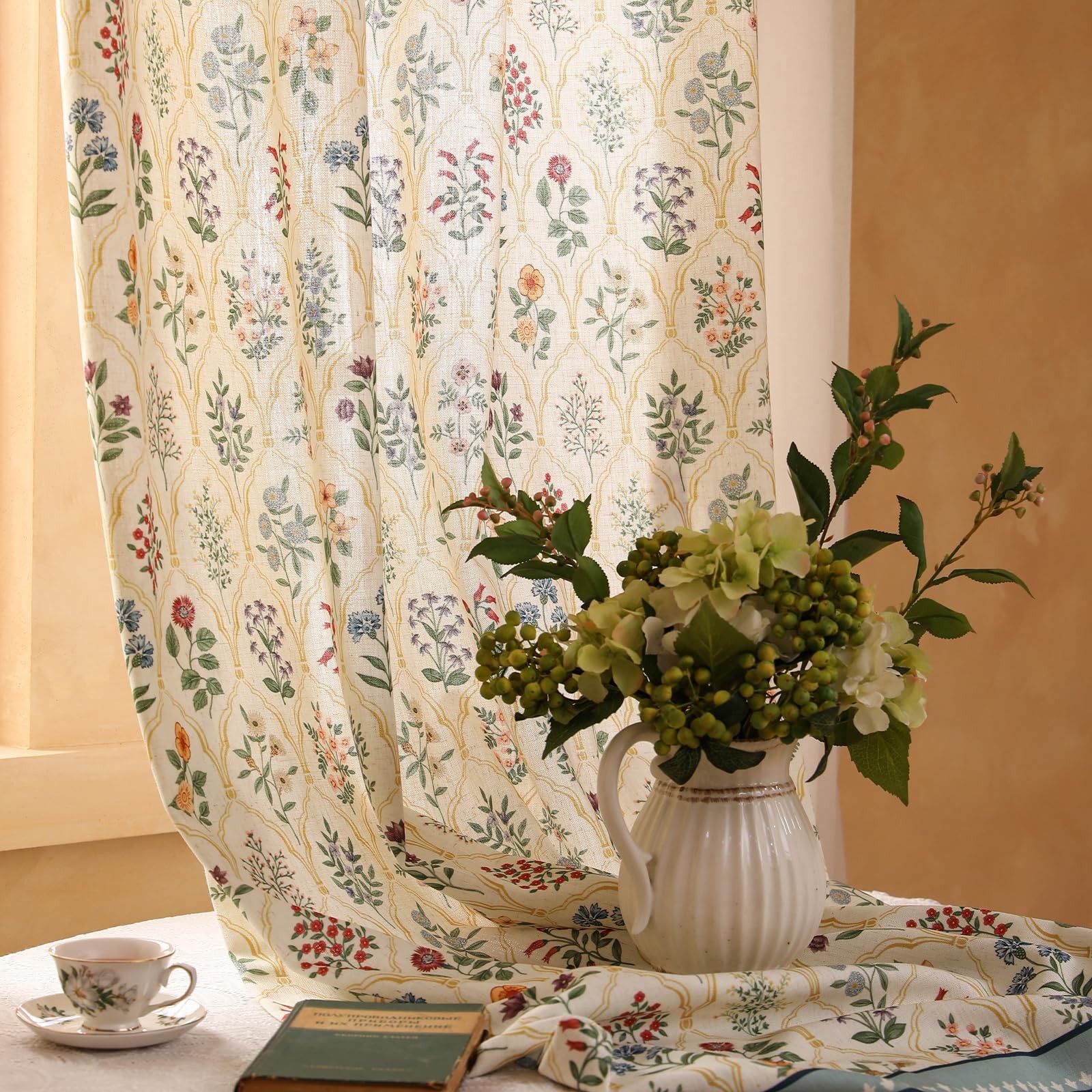 Vintage Semi Blackout Colorful Floral Curtains,Linen Home Decor Curtain with …