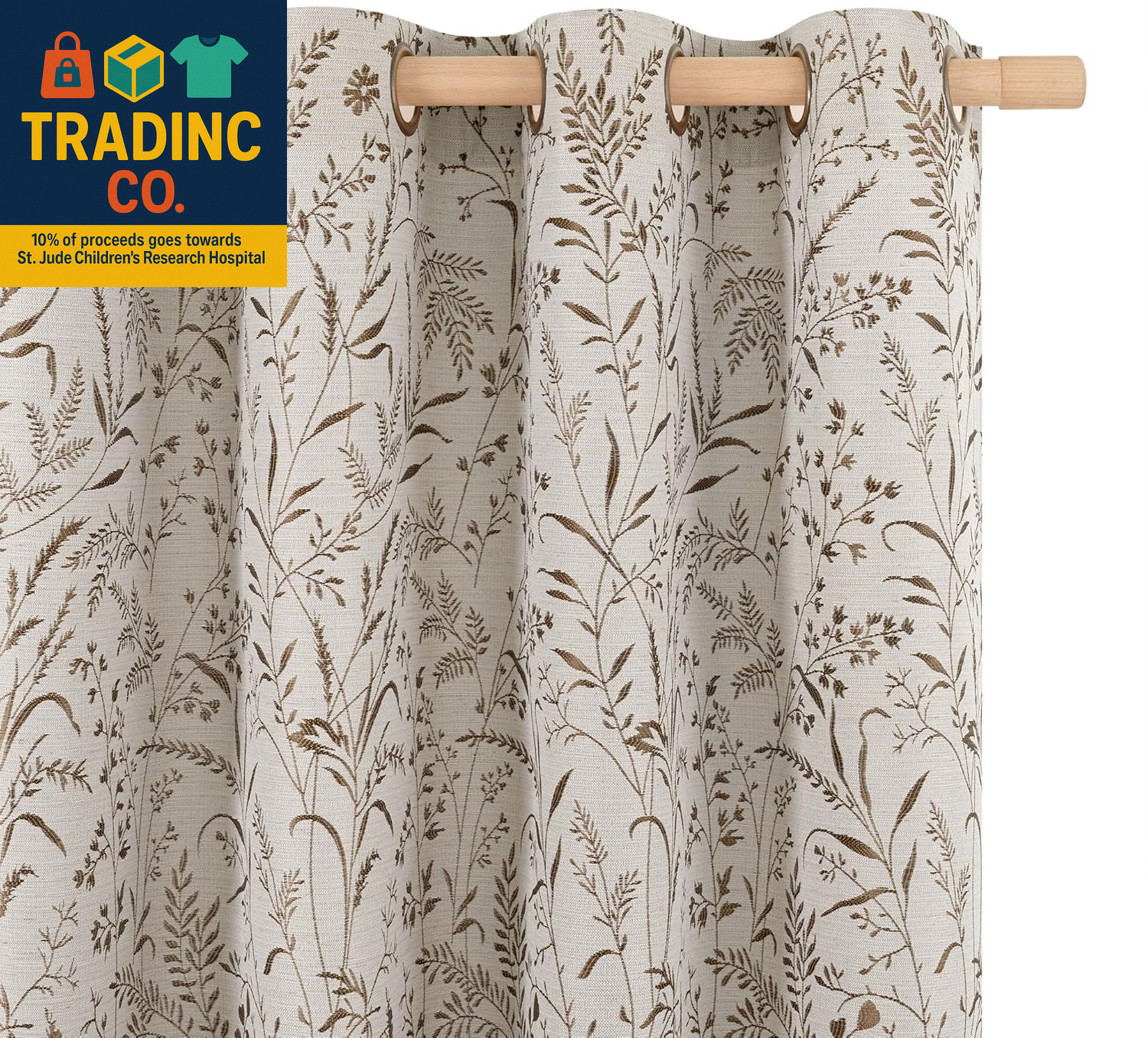 Brown Fall Curtains for Living Room – Linen Jacquard Leaf Floral Botanical Branc