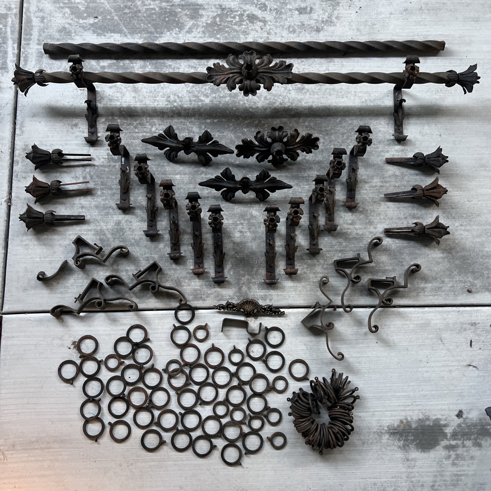HUGE LOT — Antique Drapery Rod Parts Solid Iron Brackets Metal USA Very Rare!