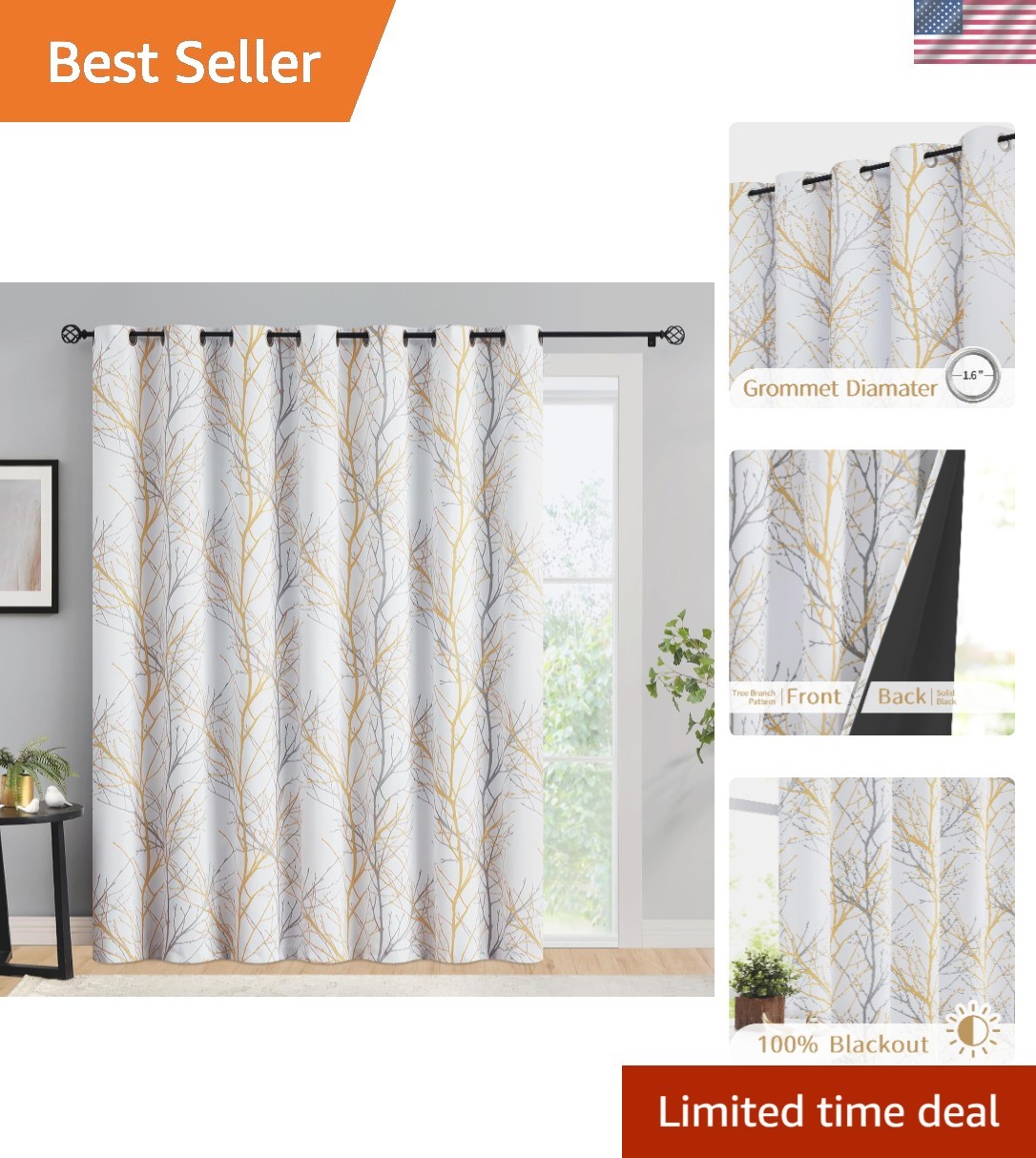 Elegant 100% Blackout Patio Curtains – Yellow Grey Tree Branch Design, 84″ Long