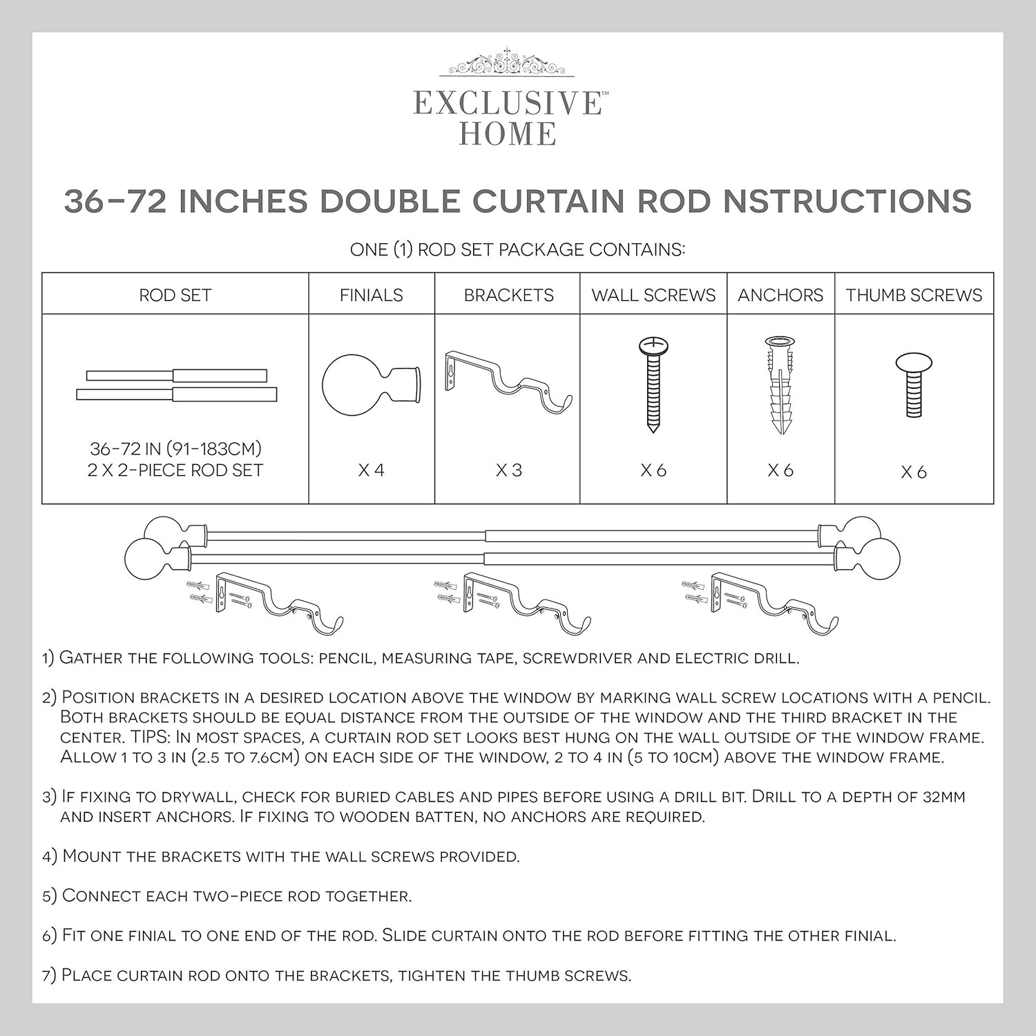 EXCLUSIVE HOME Topper Double Curtain Rod and Finial Set, Gunmetal, 36″-72″