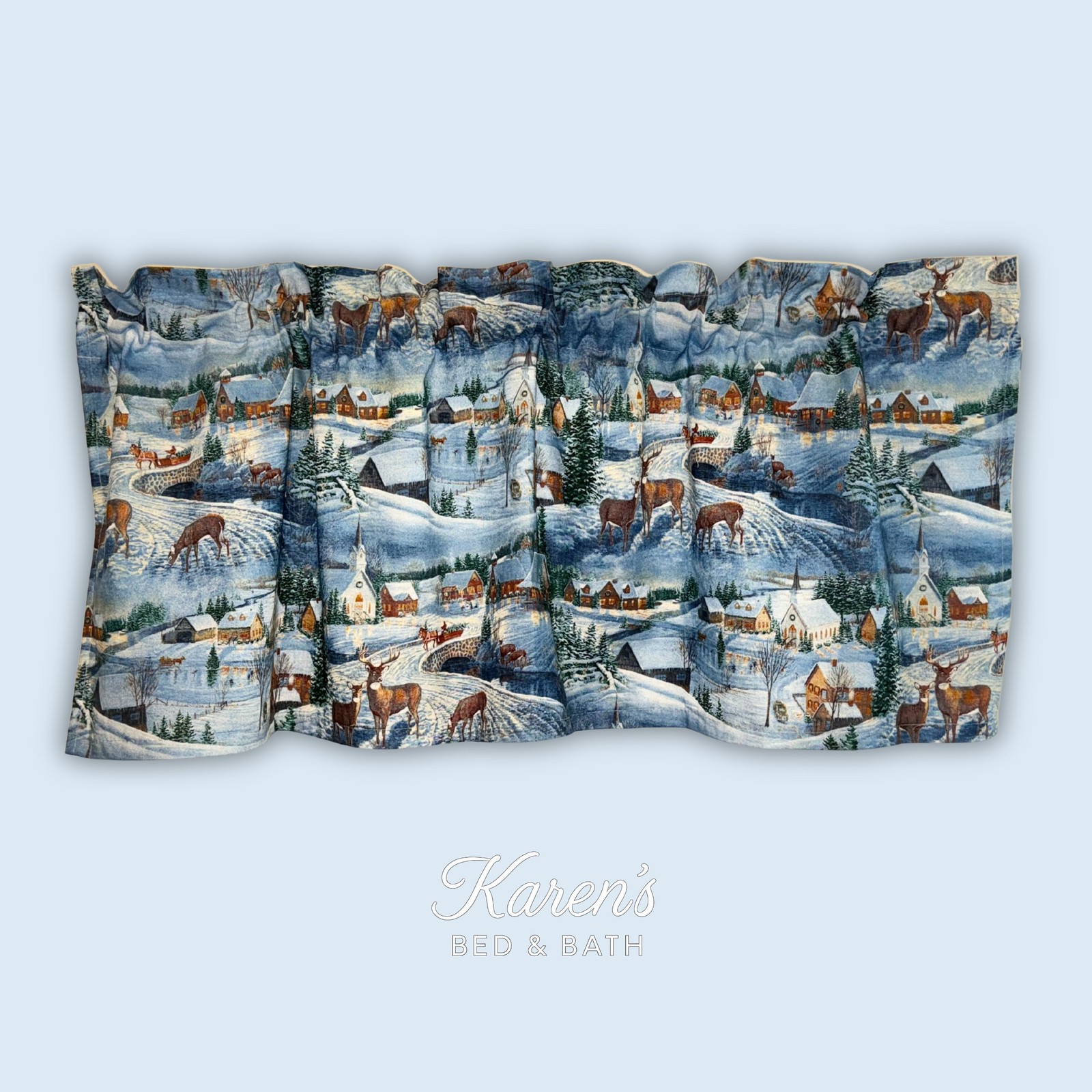 Deer Snow Village Valance Wintertime Scene Handcrafted Cabin Lodge Curtain