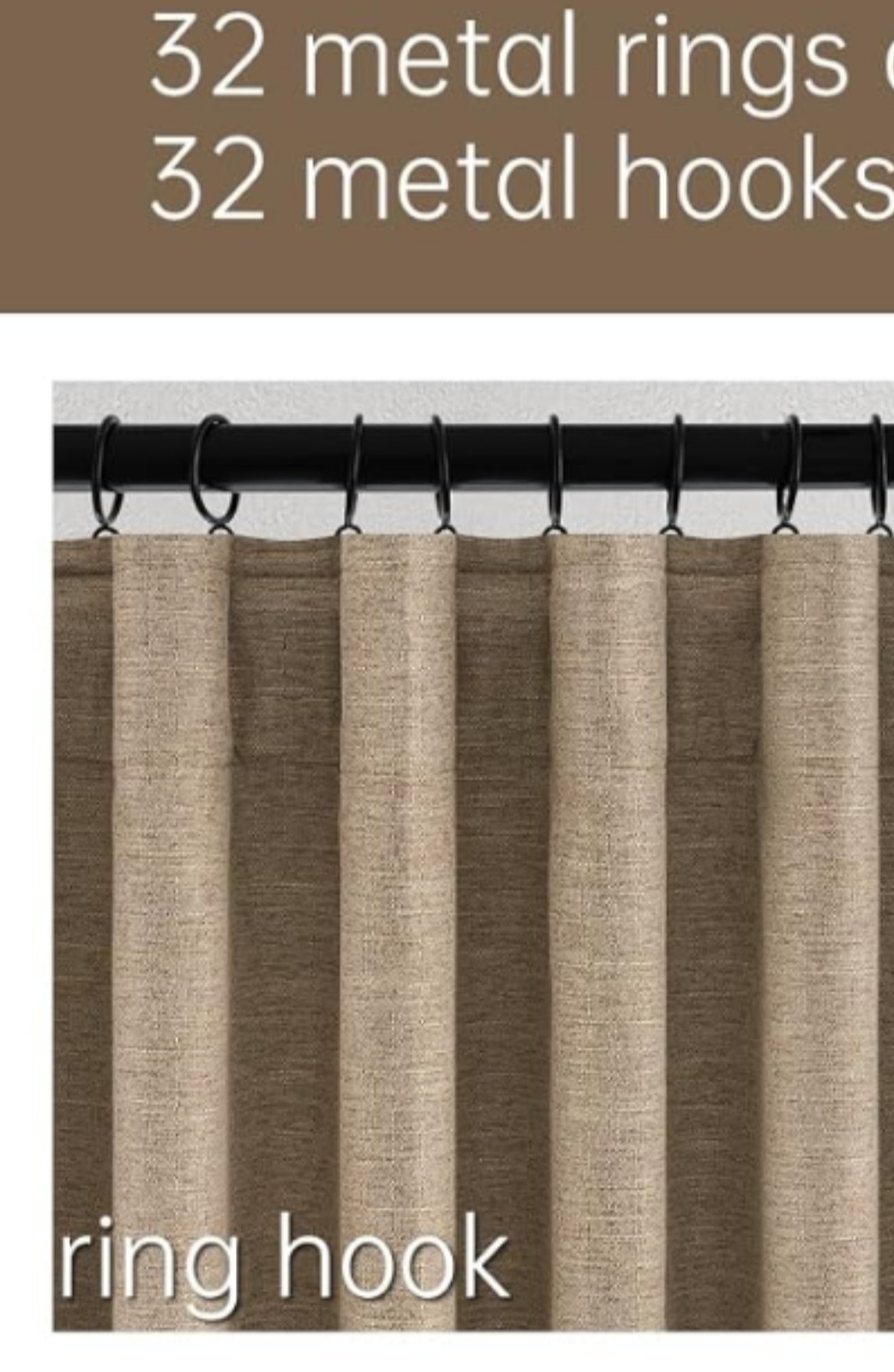 Complete Curtain Ring Set, 30 Metal Rings & 30 Hooks for Home, 32 mm, Black