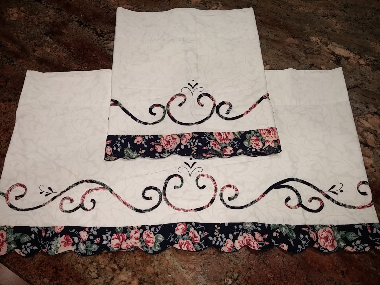 2 Keeco Window Valances Applique Floral Scroll Embroidered 56»wide x 16»long