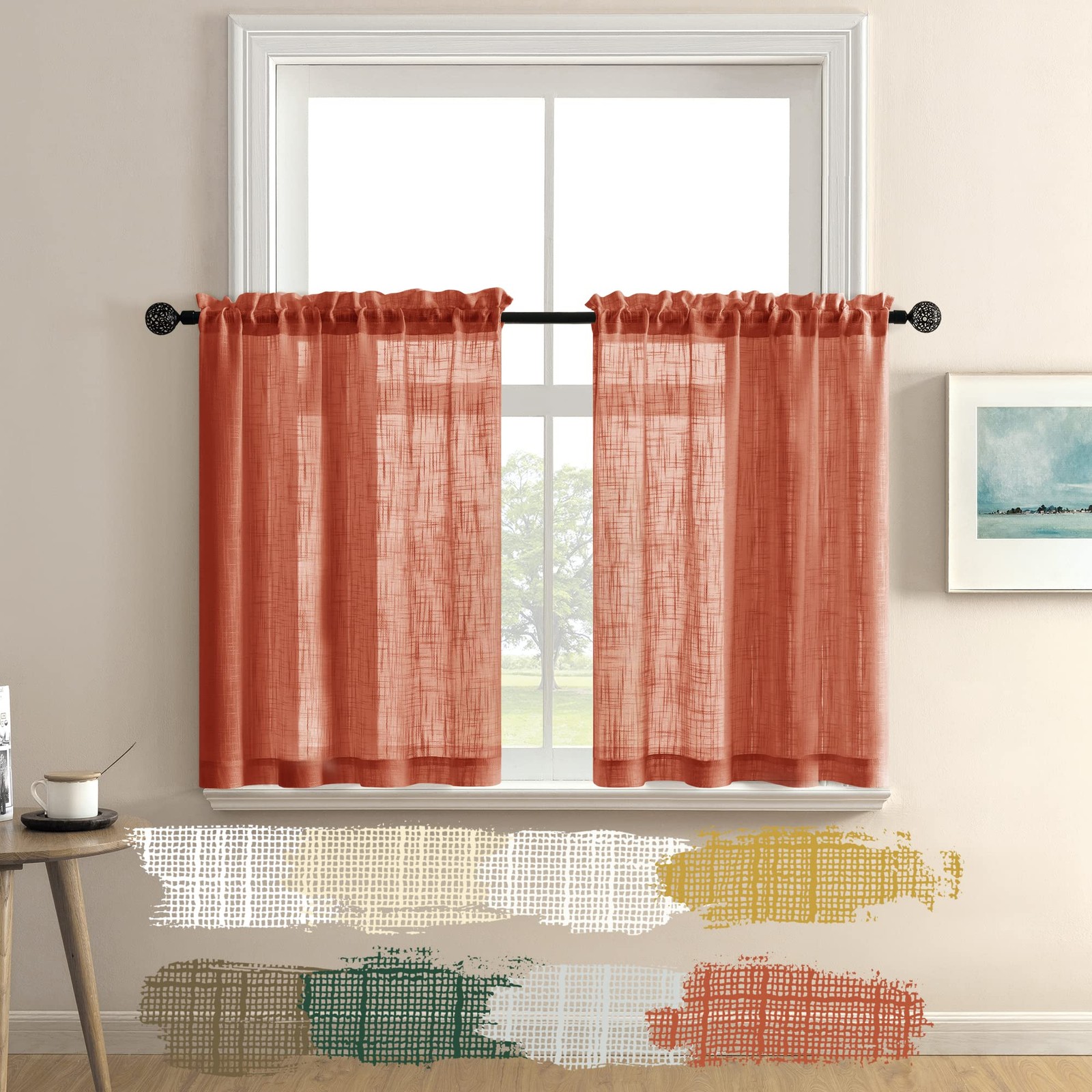 Boho Orange Thanksgiving Kitchen Curtains Semi Sheer 30Inch Valance Set of 2