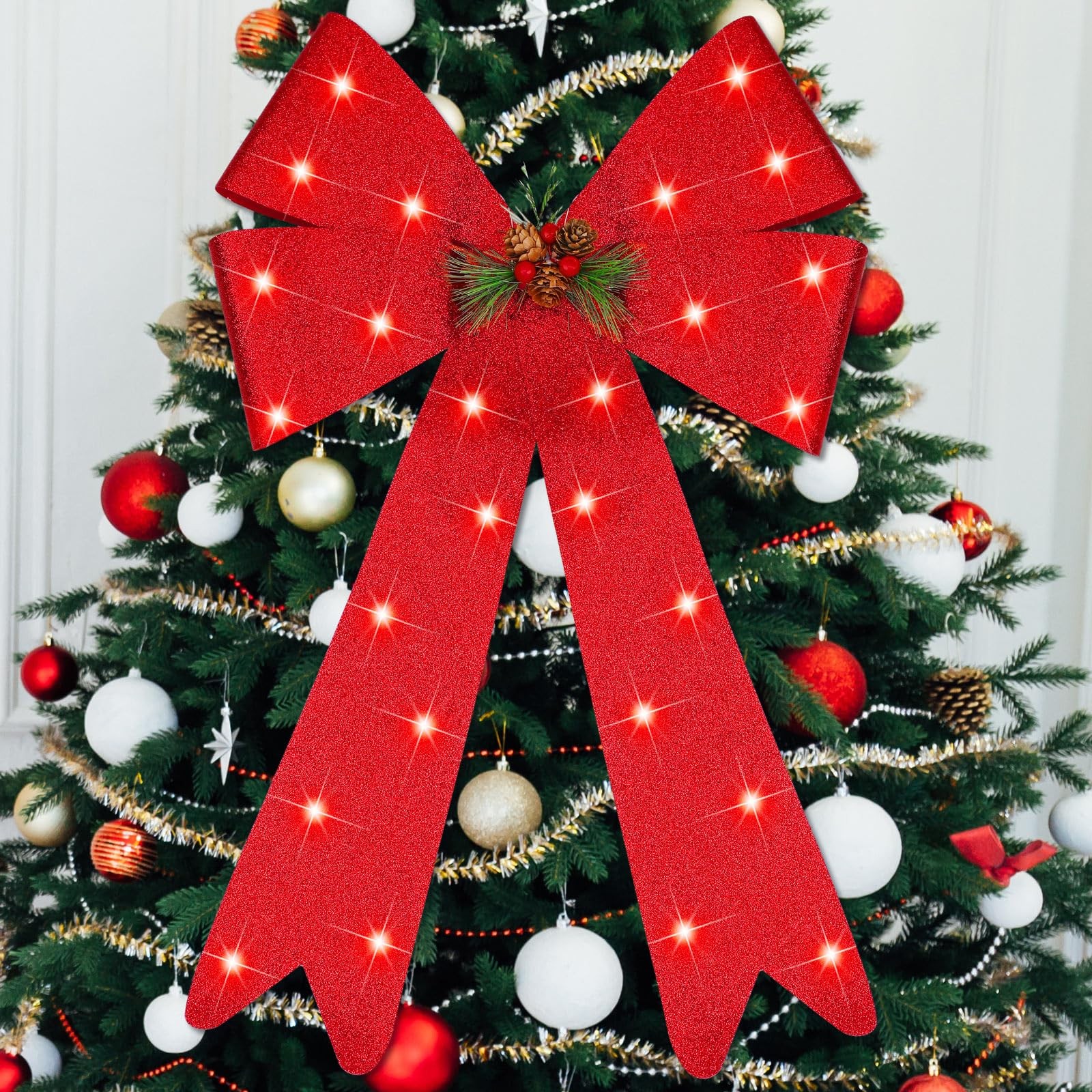 21.6 x 15.7 Inch Large Lighted Christmas Bows Red, Big Red Bow with Light Gli…