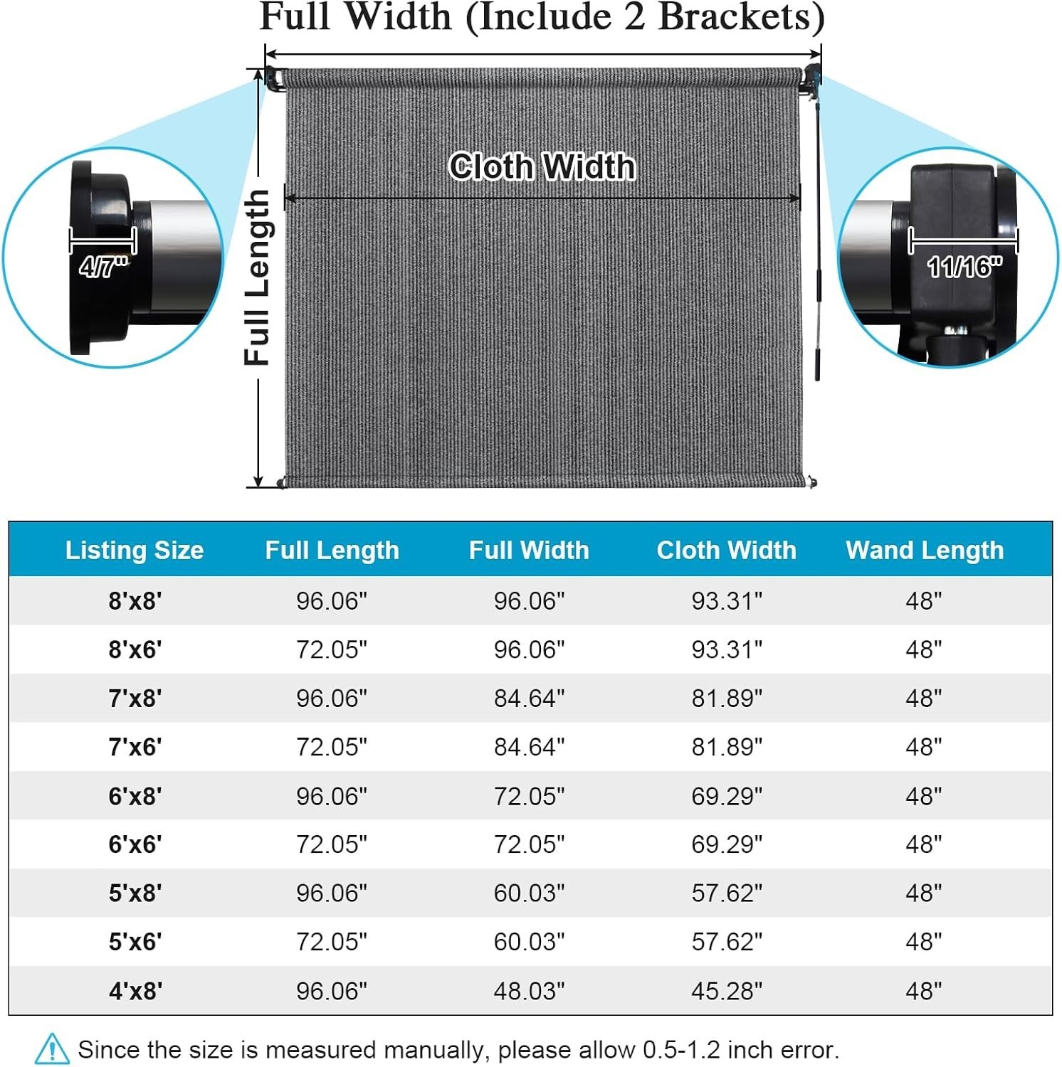 Outdoor Roller Shade 8×8 UV Blocking Cordless Patio Blinds Sun Screen