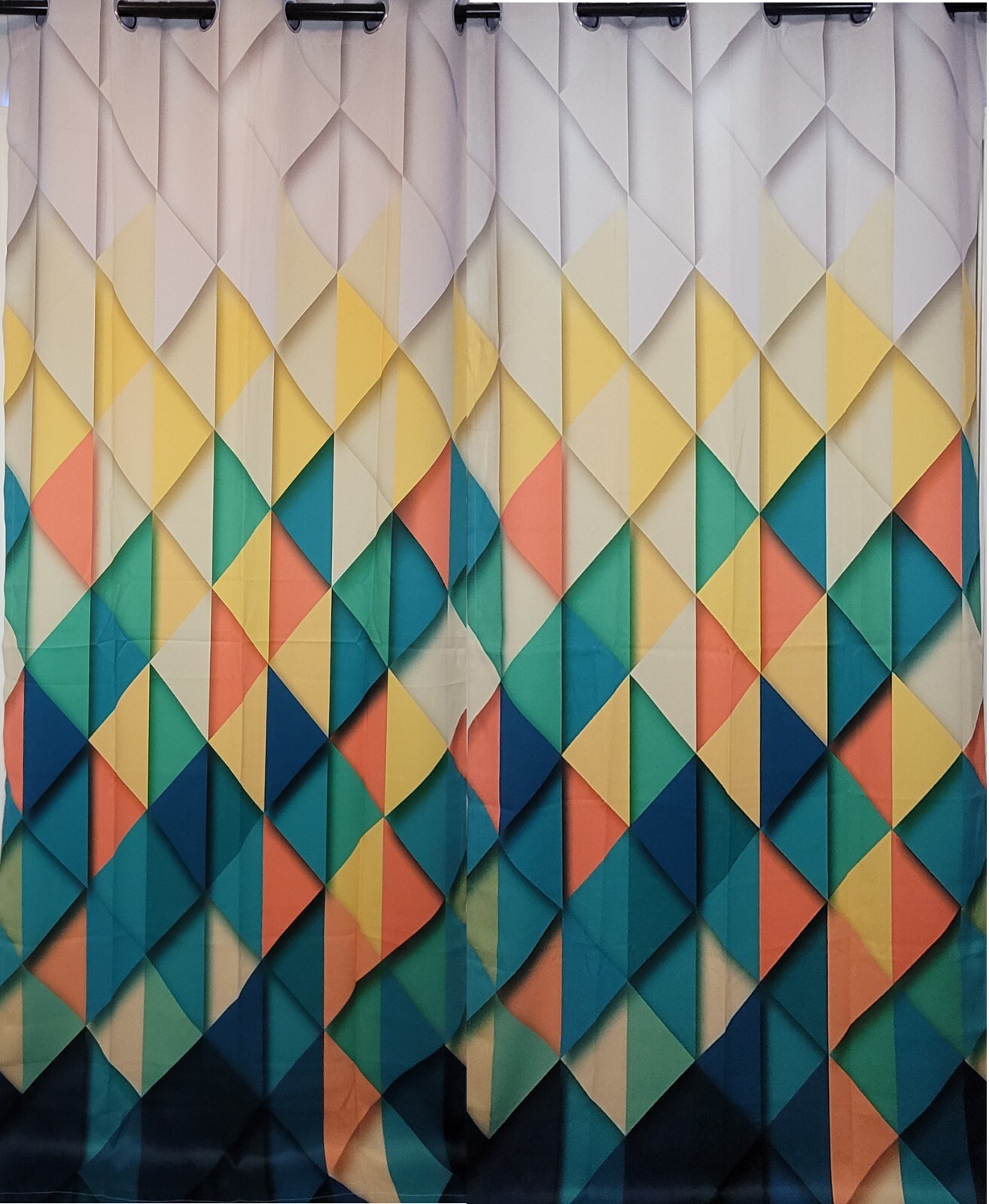 Triangles, Off- White, Green, Yellow, Orange, Grommets Blackout Curtains 42Wx96H