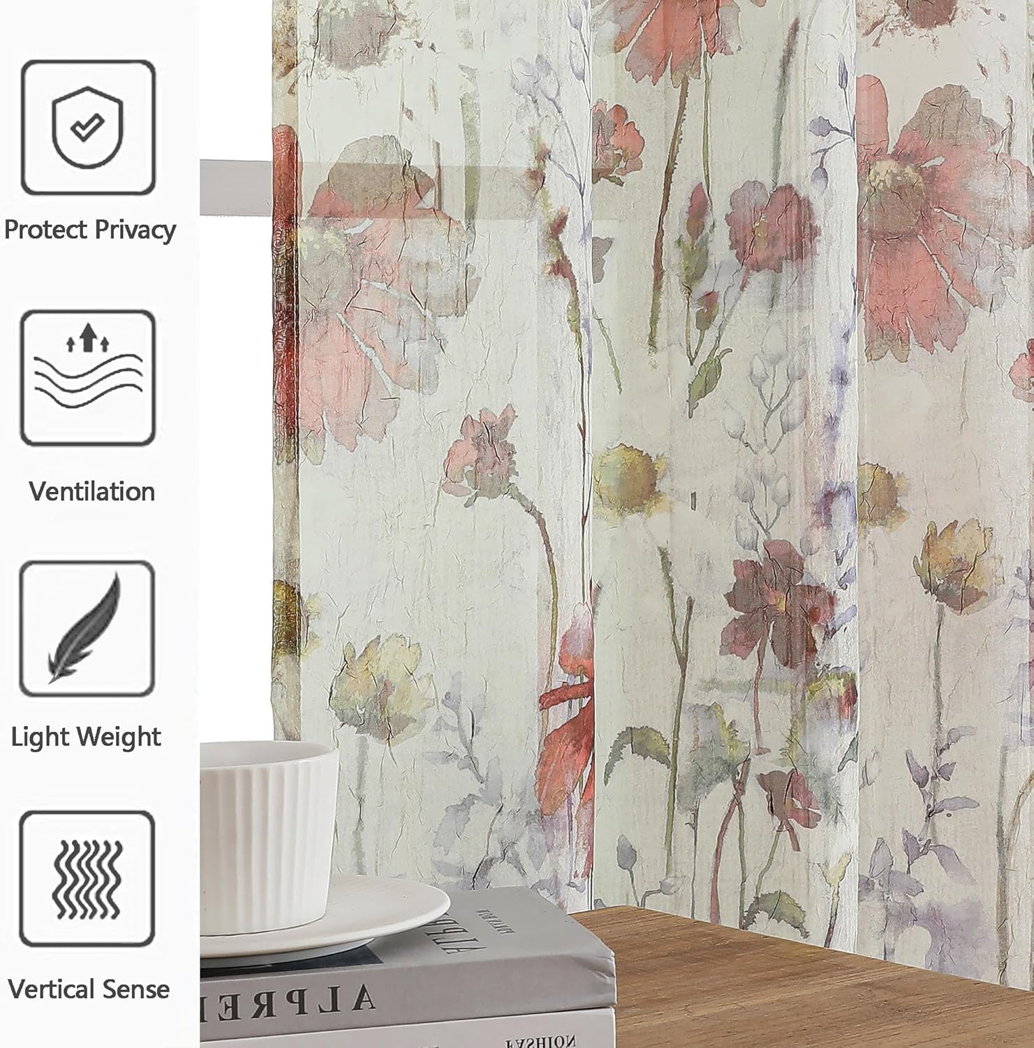 Crushed Semi Sheer Curtains 72 Inches Length 2 Panels, Floral Pattern