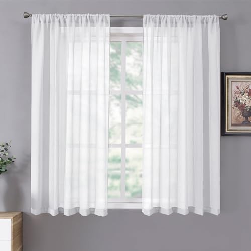 Sheer Curtains Living Room Linen Textured 38″W x 63″L (Pack of 2) White
