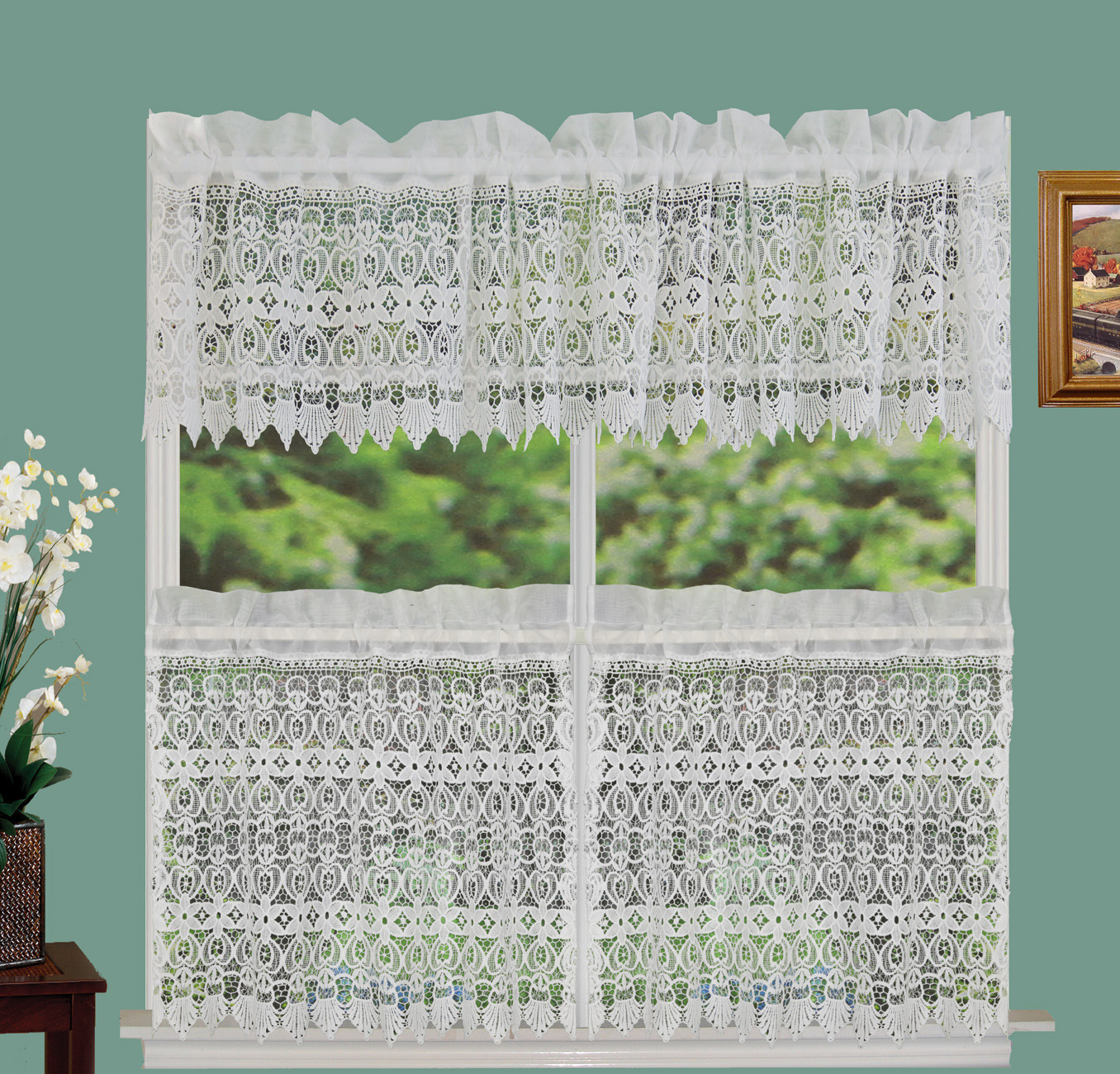 Creative Linens Knitted Lace Kitchen Curtain Valance or 24″ Tiers Ivory